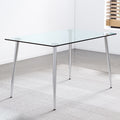 Table And Chair Set.Rectangular Dining Table With Tempered Glass Tabletop And Silver Plating Metal Legs.Paired With 6 Checkered Armless High Back Light Gray Chairs With Electroplated Metal Legs. Transparent Seats 6 Glass Metal