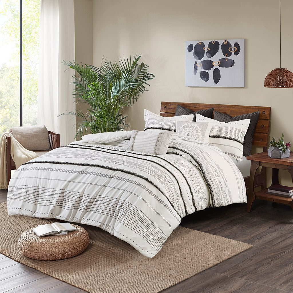 Cotton Printed Comforter Set With Trims Black White King Cal King King White Black Cotton