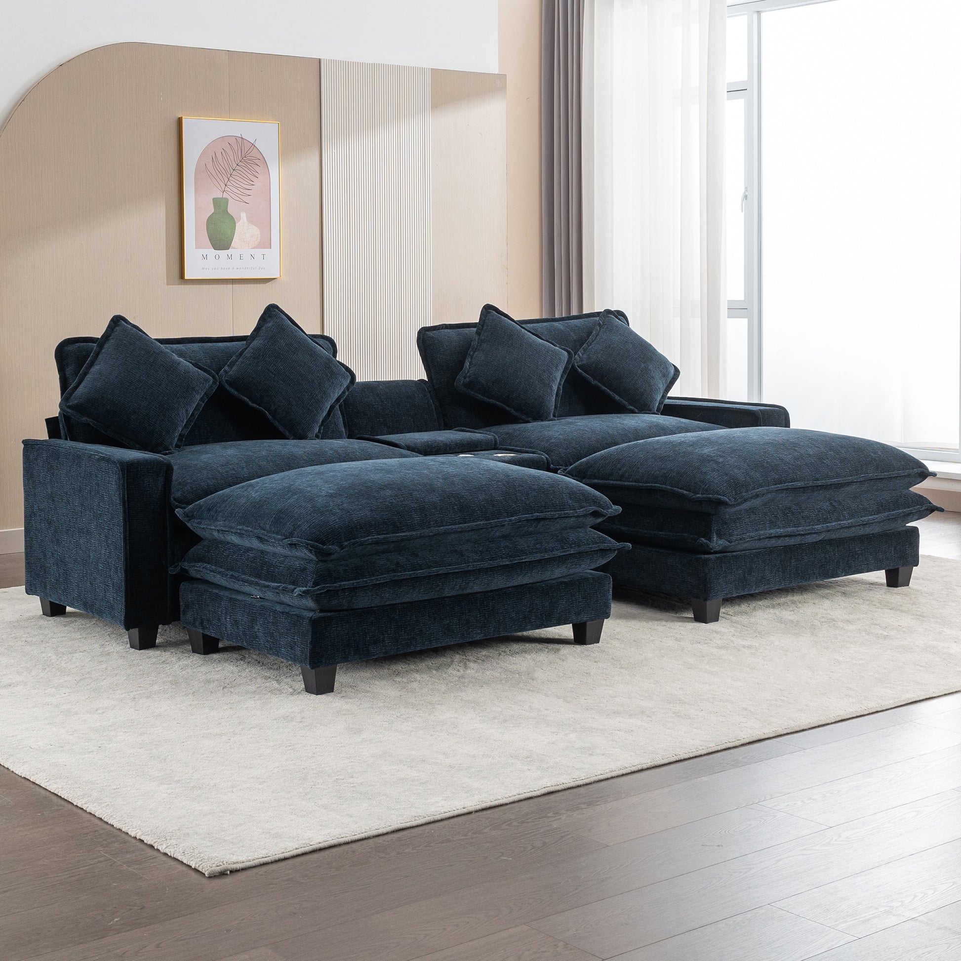 112.6" Sectional Sofa Chenille Upholstered Sofa With Two Removable Ottoman, Two Usb Ports, Two Cup Holders And Large Storage Box For Living Room, Blue Blue Foam Chenille 2 Seat