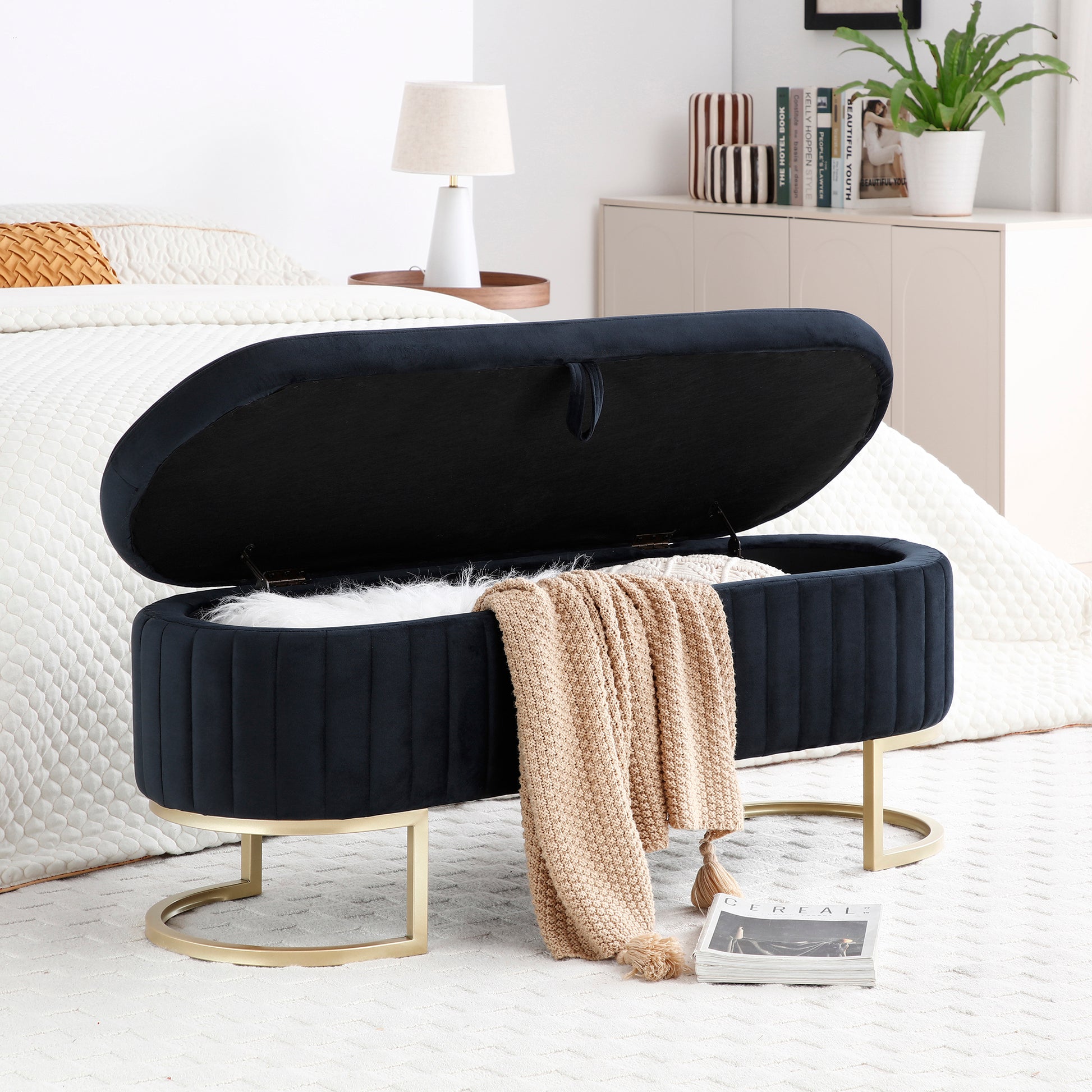 Storage Bench Bedroom Bench, Velvet Oval Upholstered End Of Bed Bench With Golden Metal Legs,50"Modern Storage Ottoman Bench For Bedroom, Living Room,Entryway,Window, Black Black Velvet