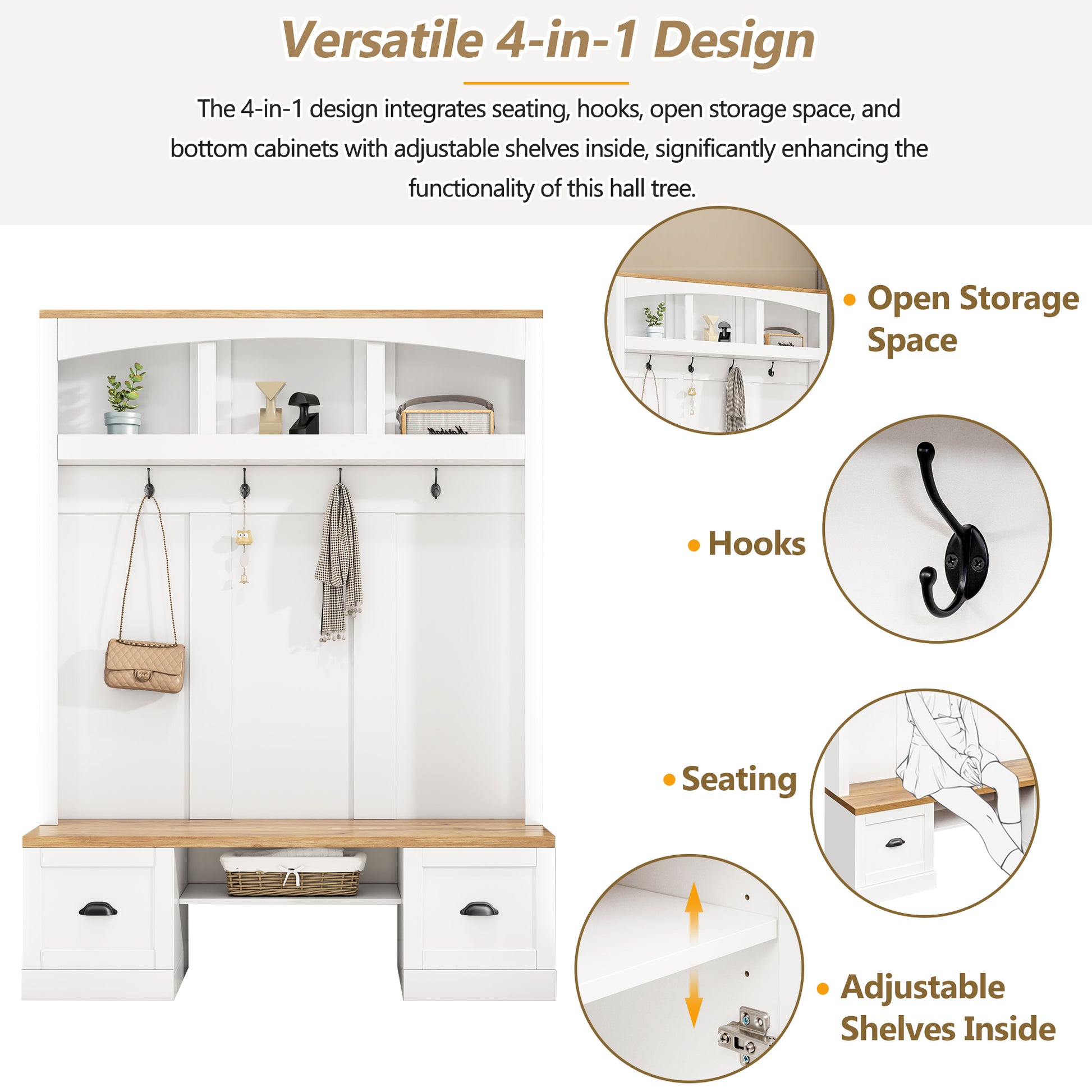 Farmhouse 4 In 1 Hall Tree With Wood Grain Bench And Top, Multifunctional Coat Rack With Black Hooks And Shell Handles, Mudroom Bench With Adjustable Shelves For Hallway, Living Room, White White Primary Living Space Particle Board