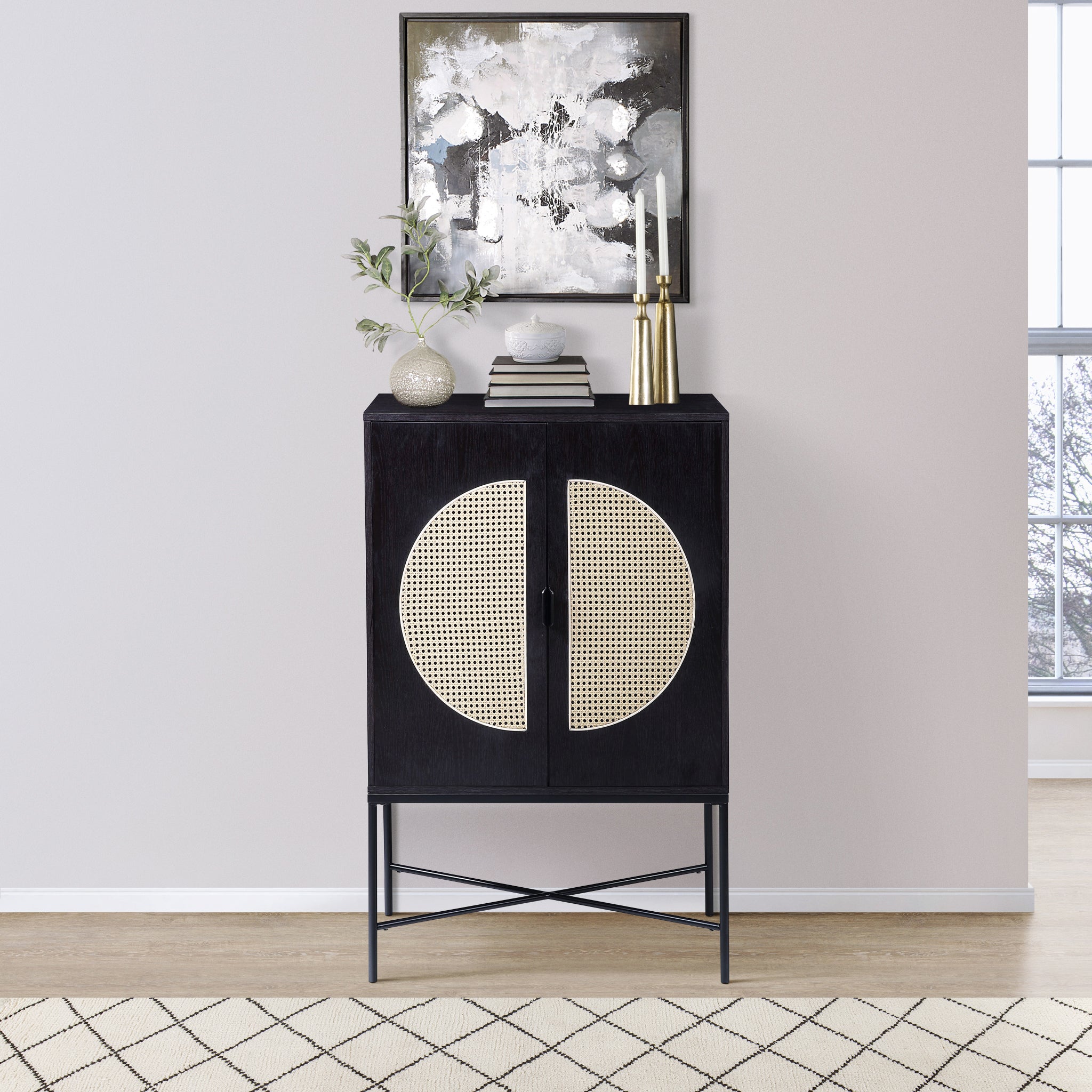 Black 2 Door Wine Cabinet With Rattan Insert Black Kitchen Modern Wood Metal