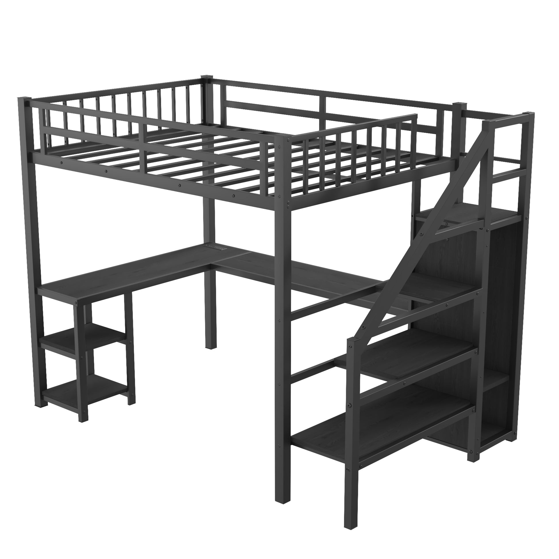 Metal Full Loft Bed With Wardrobe And Led Light, Full Size Loft Bed With L Shaped Desk And Usb For Kids Teens Adults, Black Full Black Metal