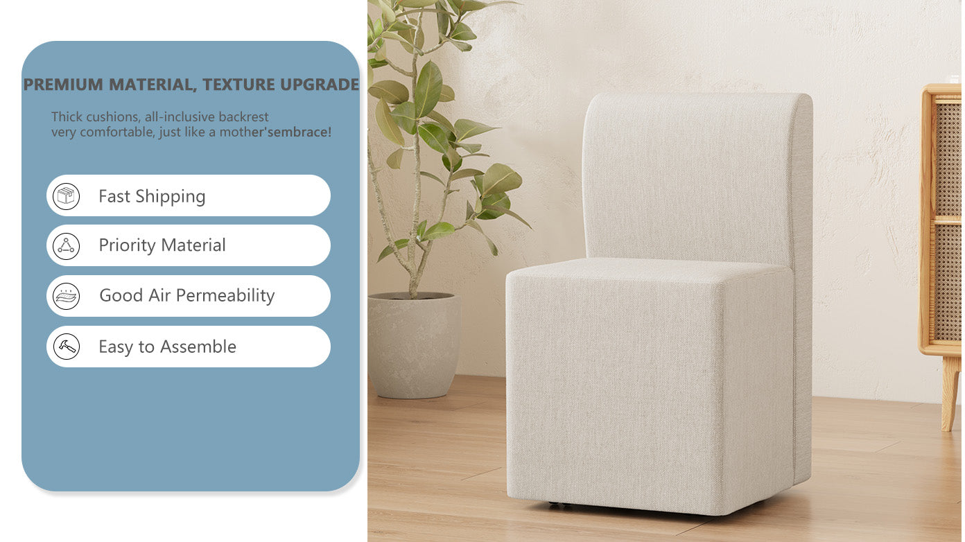 Two Piece Set Of Wheeled Dining Chairs, Modern Rolling Dining Chairs, Footstools With Wheels, Suitable For Bedrooms, Reading Rooms, Living Rooms, Beige Linen Chairs Beige Foam Linen