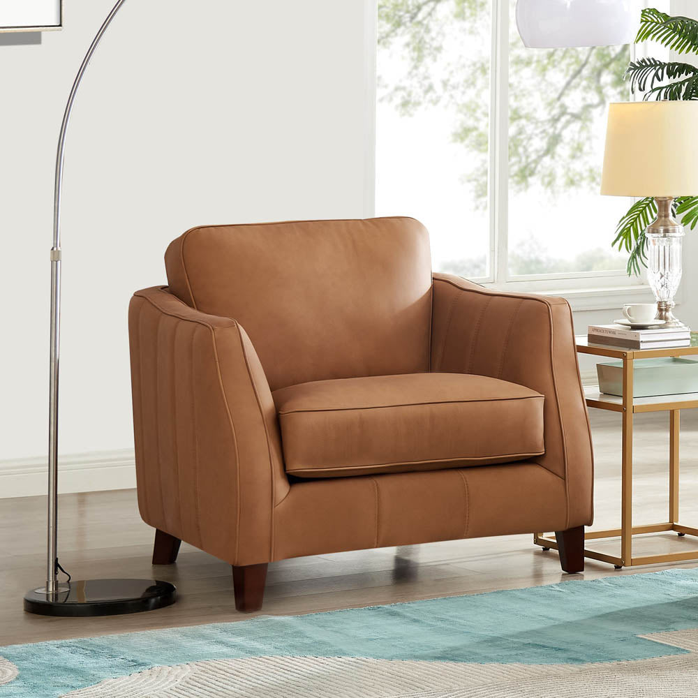 Aria Top Grain Leather Chair Brown Primary Living Space Mid Century Modern Eucalyptus Down Filling Leather