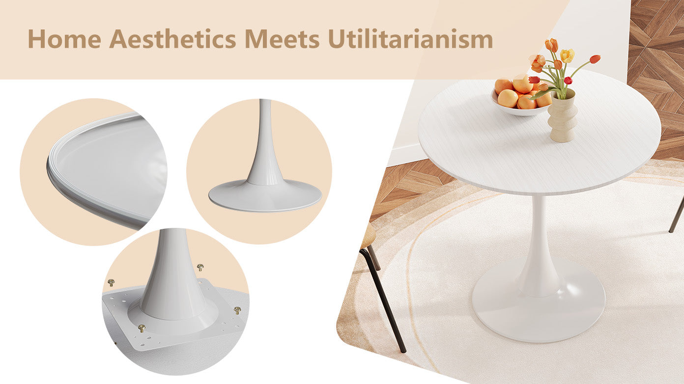 31.4 "Round Dining Table, Medieval White Tulip Dining Table, 2 3 Person Metal Base Dining Table, Easy To Assemble Casual Coffee Table, Office Desk White Mdf