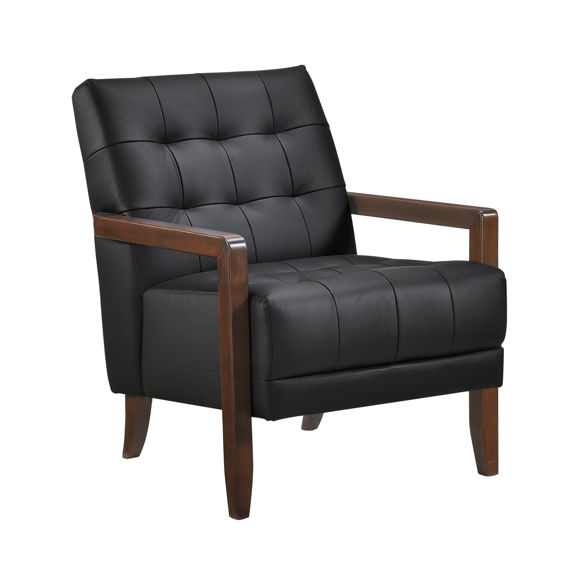 Modern Style Accent Chair Black Leather Upholstered Tufted Detail Walnut Finish Wood Furniture 1Pc Black Primary Living Space Contemporary,Modern Plywood