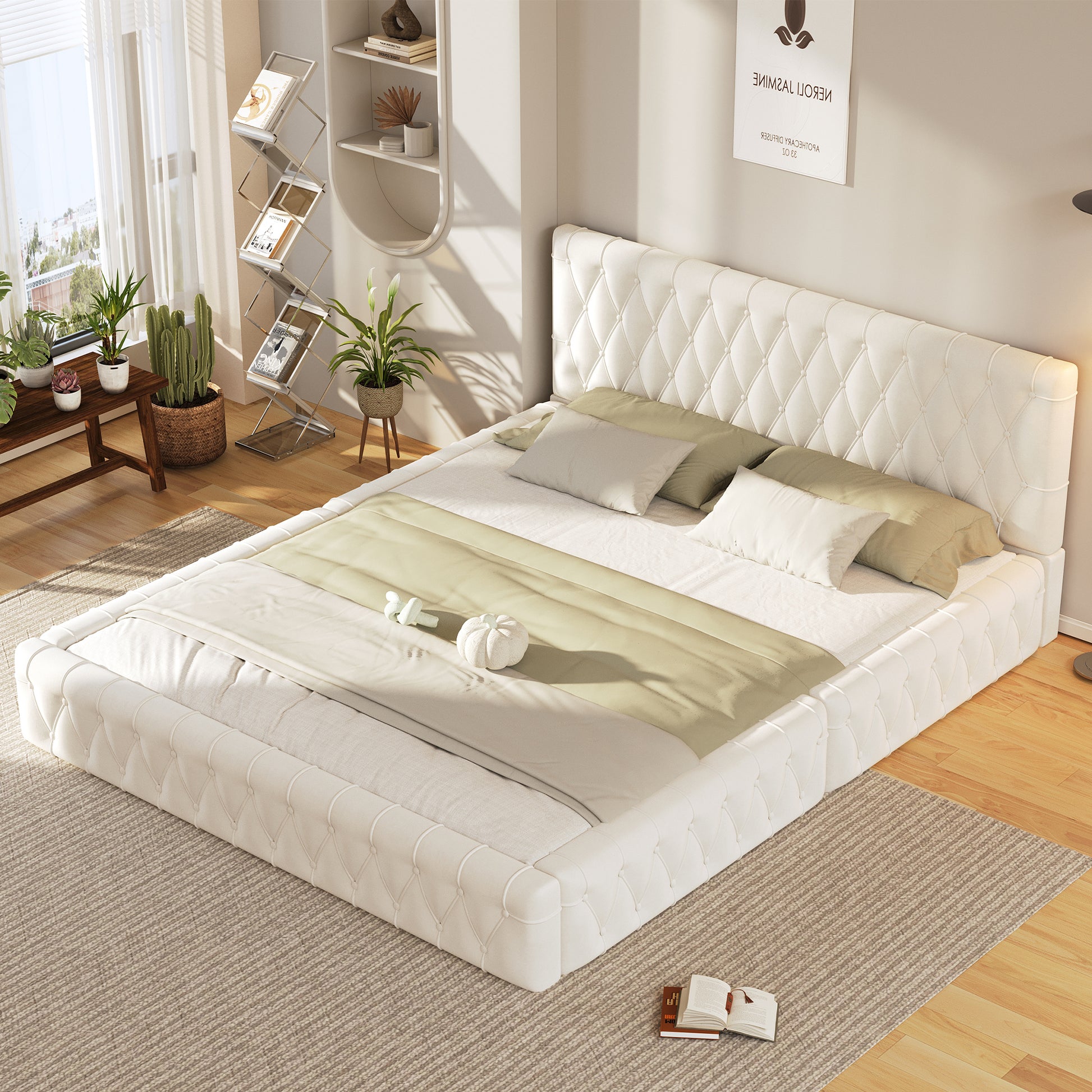 Queen Size Upholstered Bed With Tufted Headboard, Modern Velvet Platform Bedno Box Spring Required, White Queen White Solid Wood Mdf