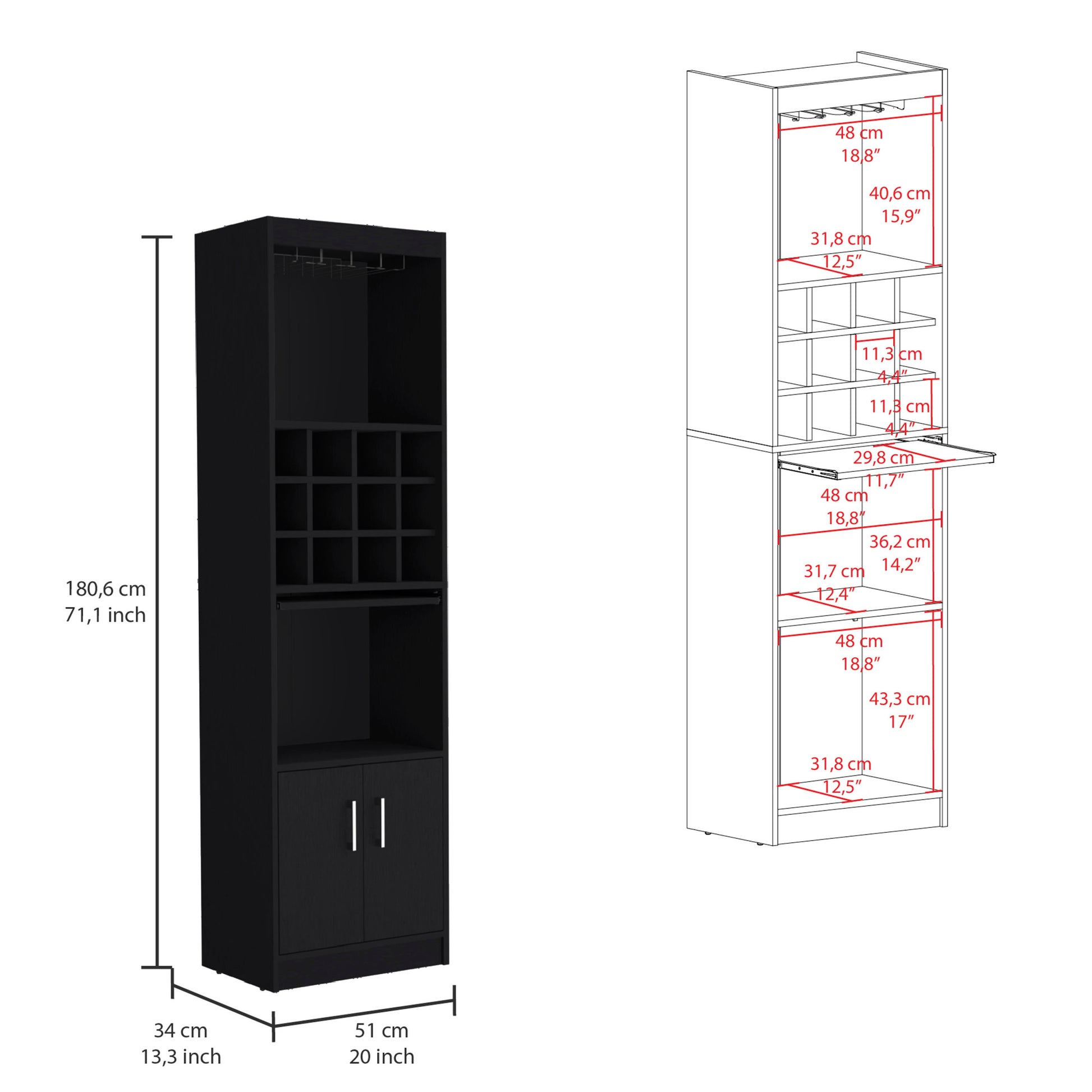 Kevil 71 Inch Tall Bar Cabinet 5 Tier Modern Bar Cabinet With Glass Holder Stemware Rack, Wine Cabinet, Liquor Cabinet, 12 Bottle Cubbies, 5 Shelves, And Pull Out Tray Black Primary Living Space Modern Particle Board Shelves Included Engineered Wood