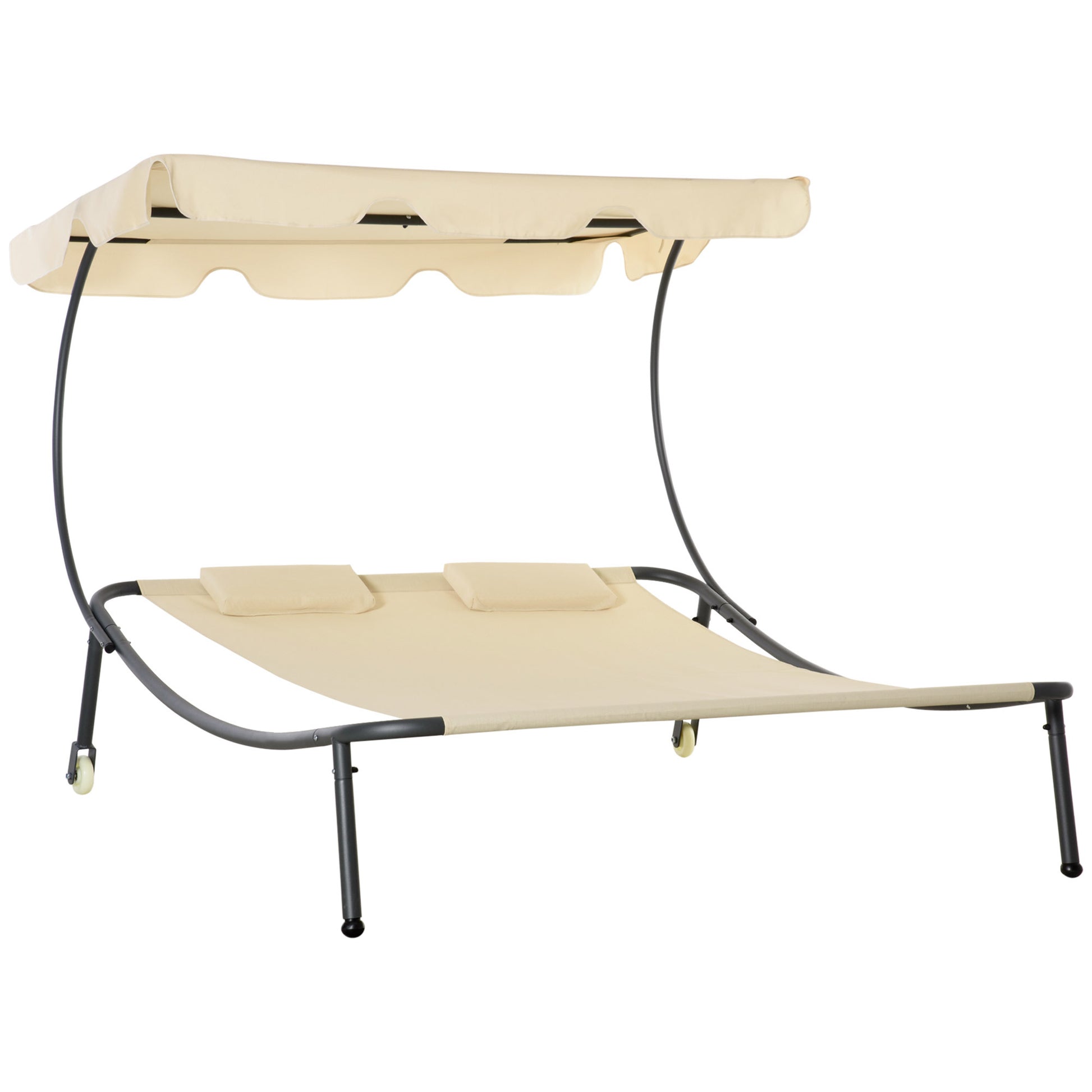 Outsunny Patio Double Chaise Lounge Chair, Outdoor Wheeled Hammock Daybed With Adjustable Canopy And Pillow For Sun Room, Garden, Or Poolside, Beige Beige Steel