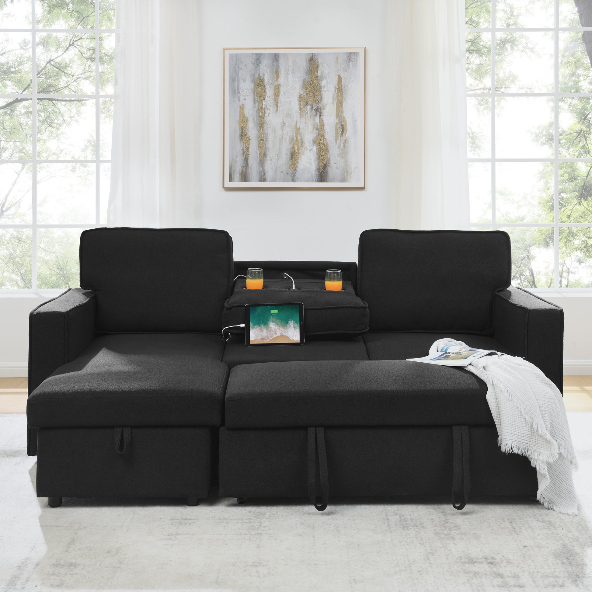 Linen Upholstered Sleeper Sectional Sofa, Shaped Modular Convertible Sofa With Storage Chaise,There Are Two Cup Holders In The Middle And Usb Multi Interface Function,Pull Out Sleep Couch Bed ,Black