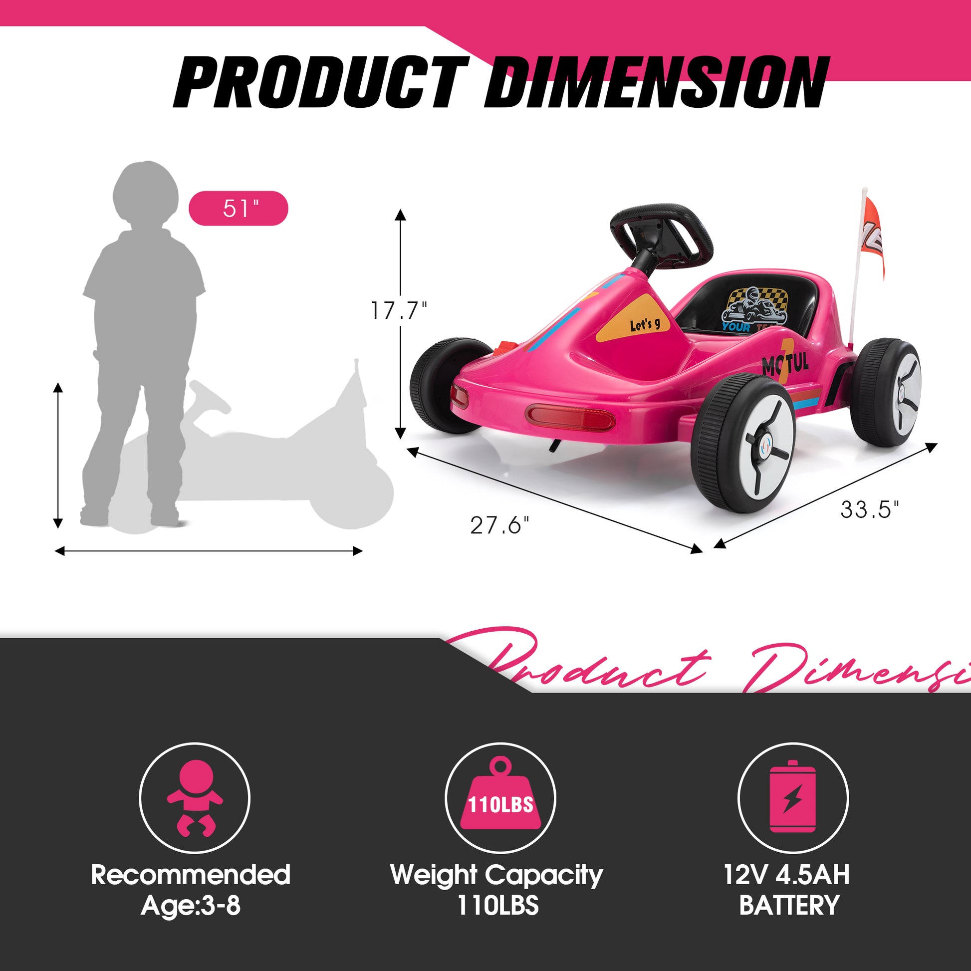 12V Kids Ride On Go Kart, Electric 4 Wheeler Car With Remote Control, Cushioned Seat, Led Lights, Mp3 Music, Bluetooth, Pedal Control, Battery Powered Vehicle For 3 8 Years Old, Rose Red Rose Red Polypropylene