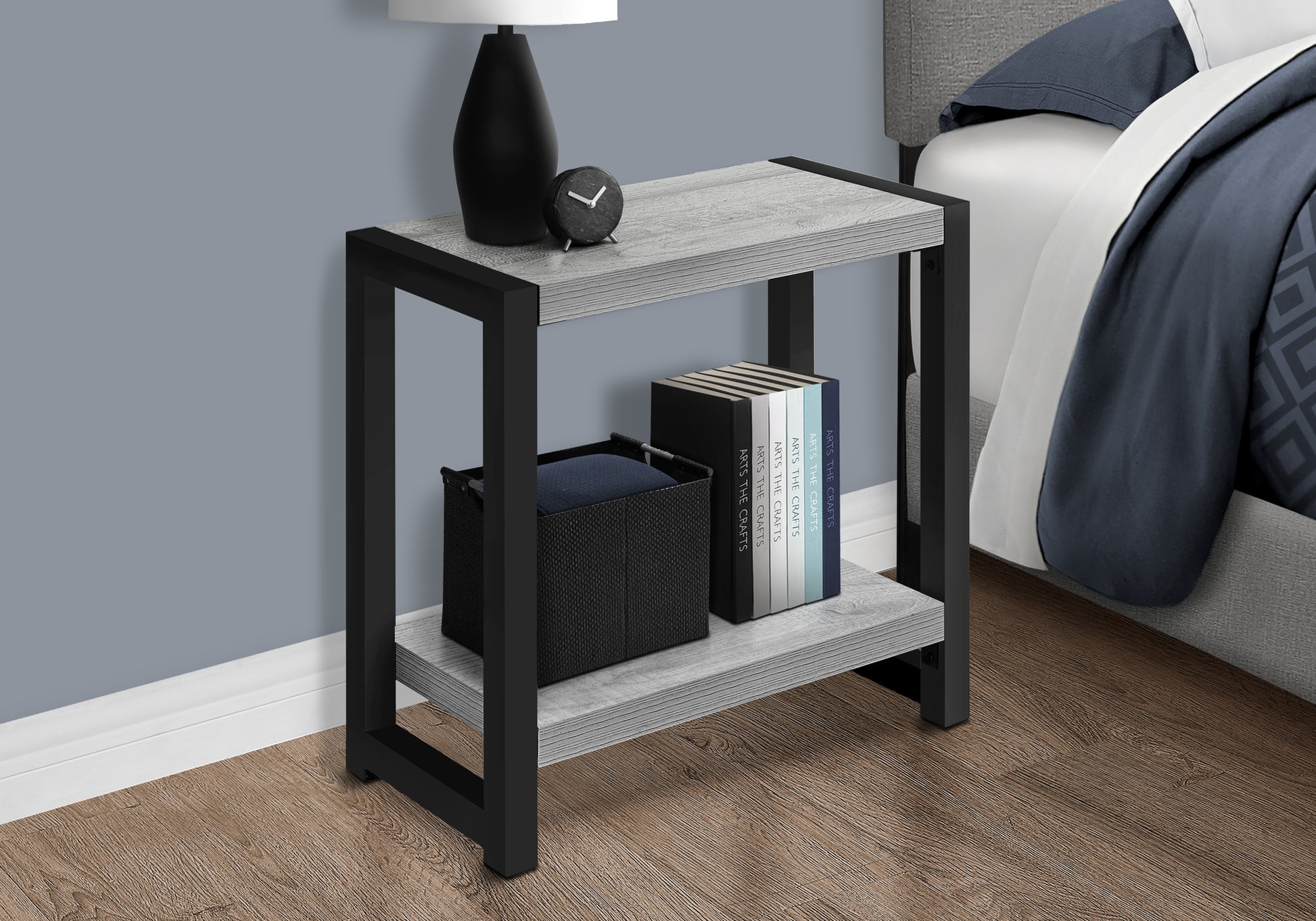 Accent Table, Side, End, Narrow, Small, 2 Tier, Living Room, Bedroom, Grey Laminate, Black Metal, Contemporary, Modern Grey Particle Board