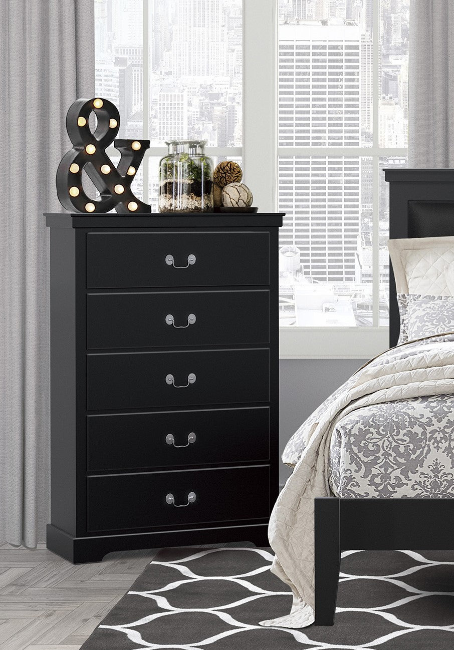 Classic Traditional 1Pc Chest Of 5 Drawers Black Finish Bedroom Furniture Wooden Black Wood