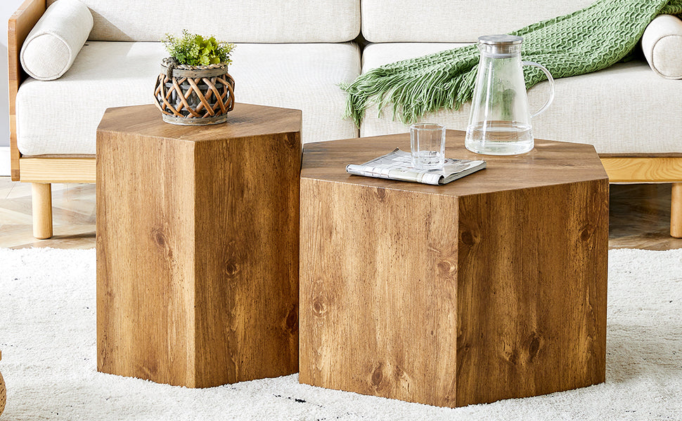 Modern Minimalist Set Of Two Hexagonal Wood Grain Mdf Coffee Tables.Modern Mdf Coffee Table, With Complex Texture Patterns, Style And Texture Coffee Table To Redefine Your Interior Decoration. Wood