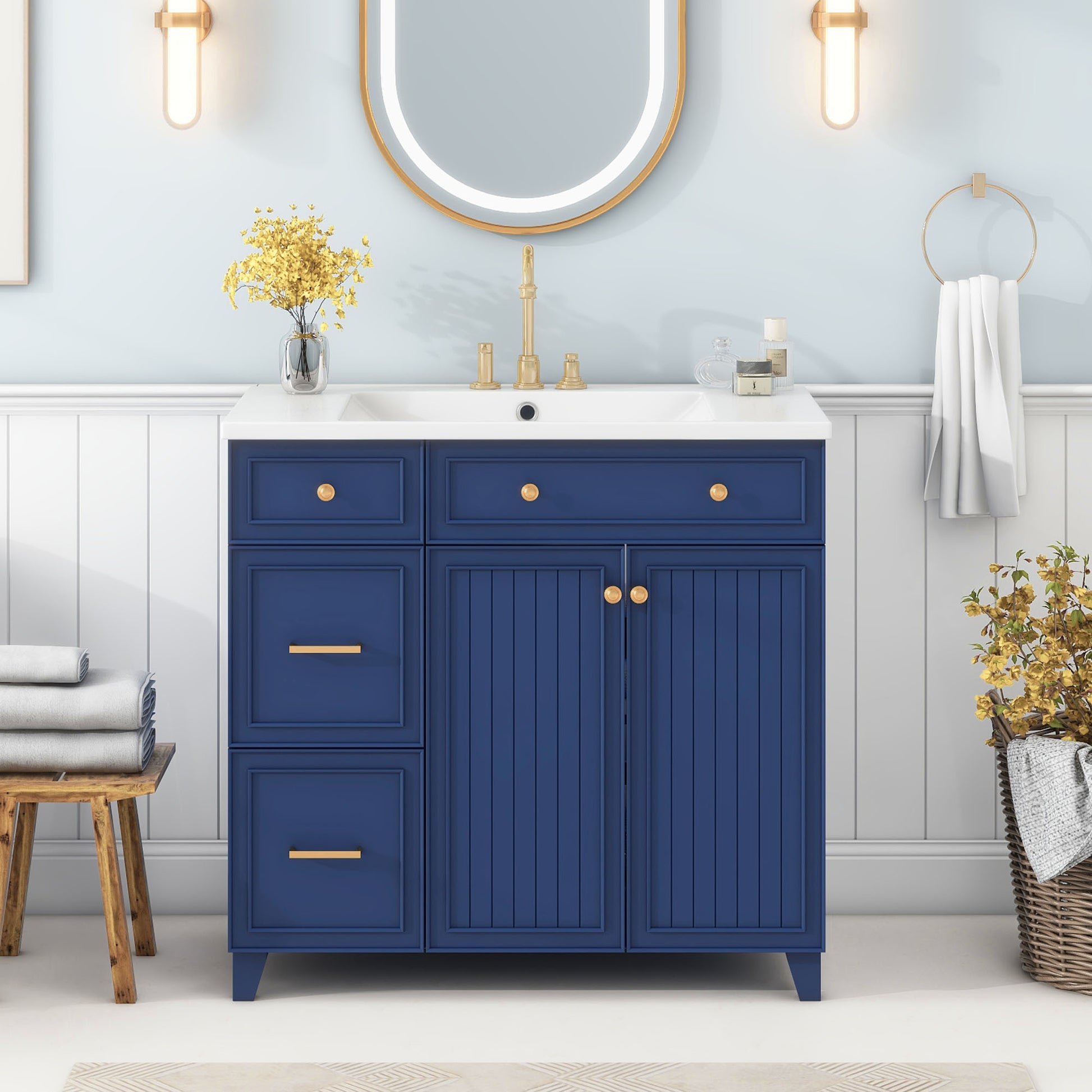 36 Inch Bathroom Vanity, Transitional Style Bathroom Cabinet With Resin Sink, Navy Blue Single Bathroom Cabinet, With 2 Drawers And 1 Adjustable Storage Shelf, 2 Soft Close Doors Navy Blue Solid Wood Mdf Resin