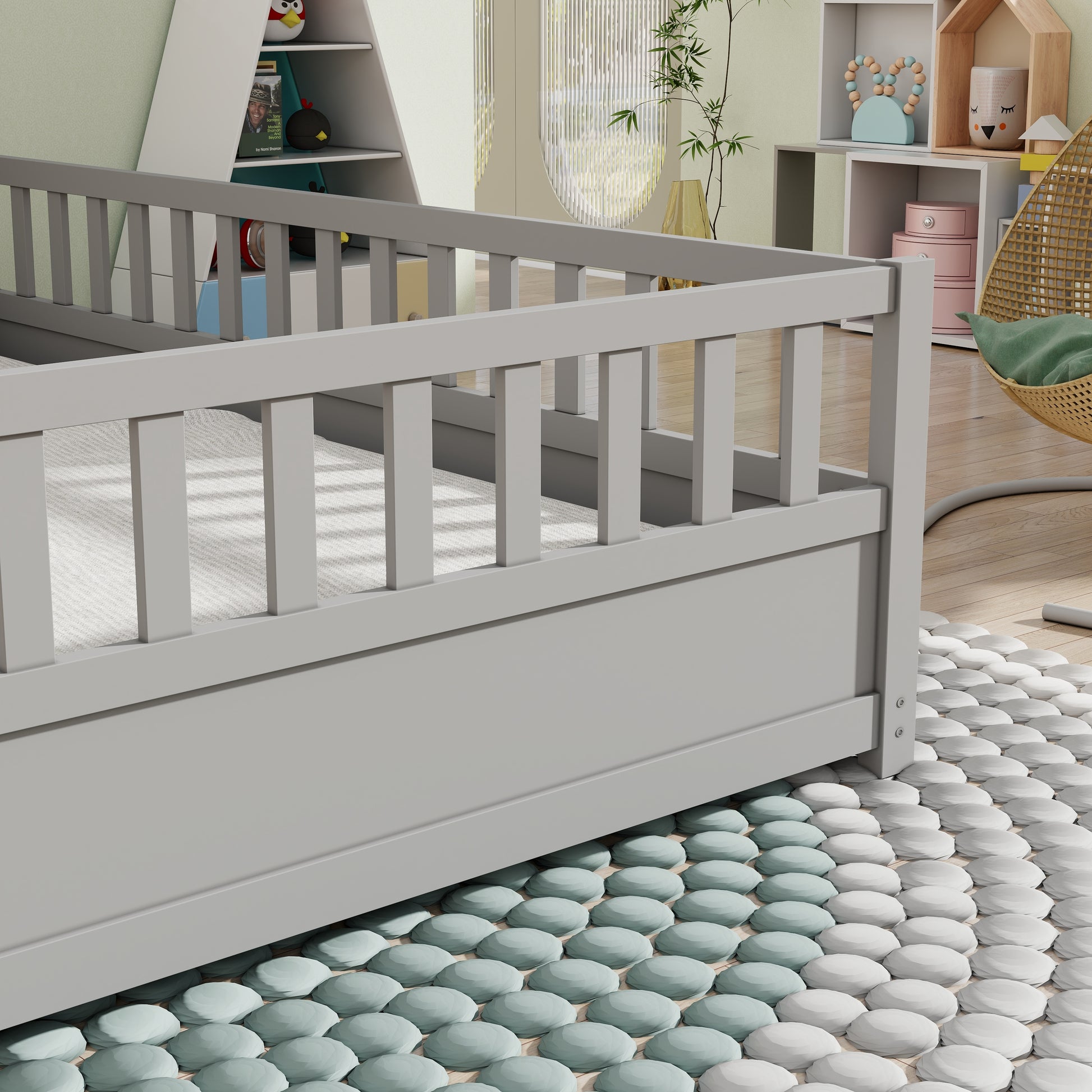 Full Size Floor Bed, Integral Construction With Super High Security Barrier, Door, Children'S Floor Bed Frame, Montessori Wooden Children'S Floor Bed, Support Slat Grey Box Spring Required Full Grey