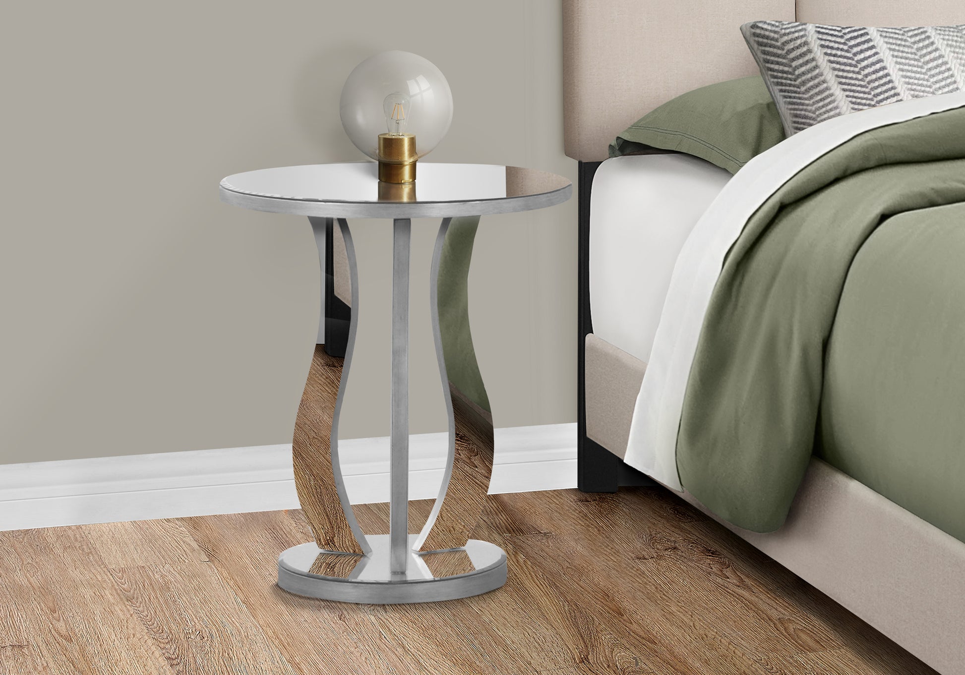 Accent Table, Side, End, Nightstand, Lamp, Living Room, Bedroom, Clear Mirror, Grey, Transitional Silver Mdf