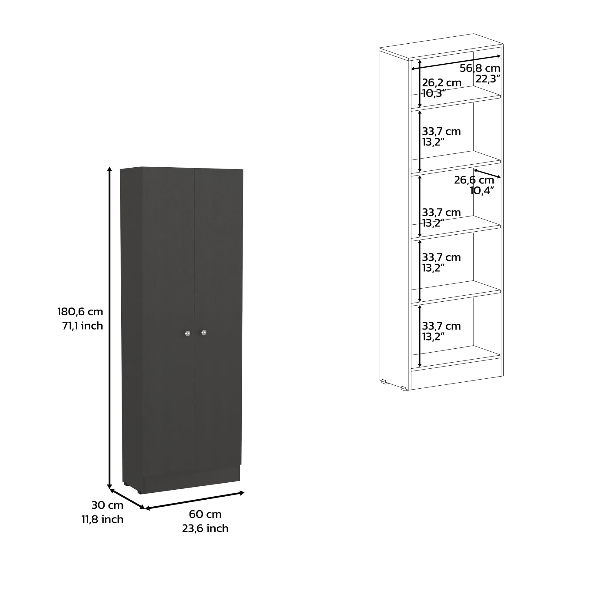 Multistorage Cabinet 71" H, Two Doors, Five Internal Shelves, Black Black Particle Board Particle Board