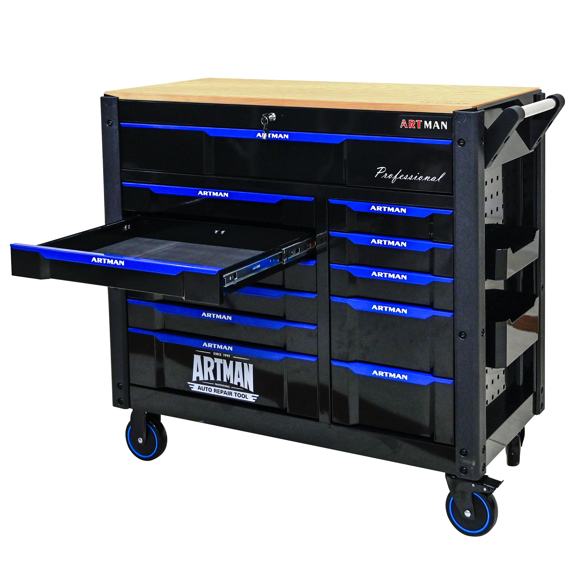 12 Layer Drawer Multi Purpose Tool Car, With Wheels, Wooden Countertops Black Blue Steel