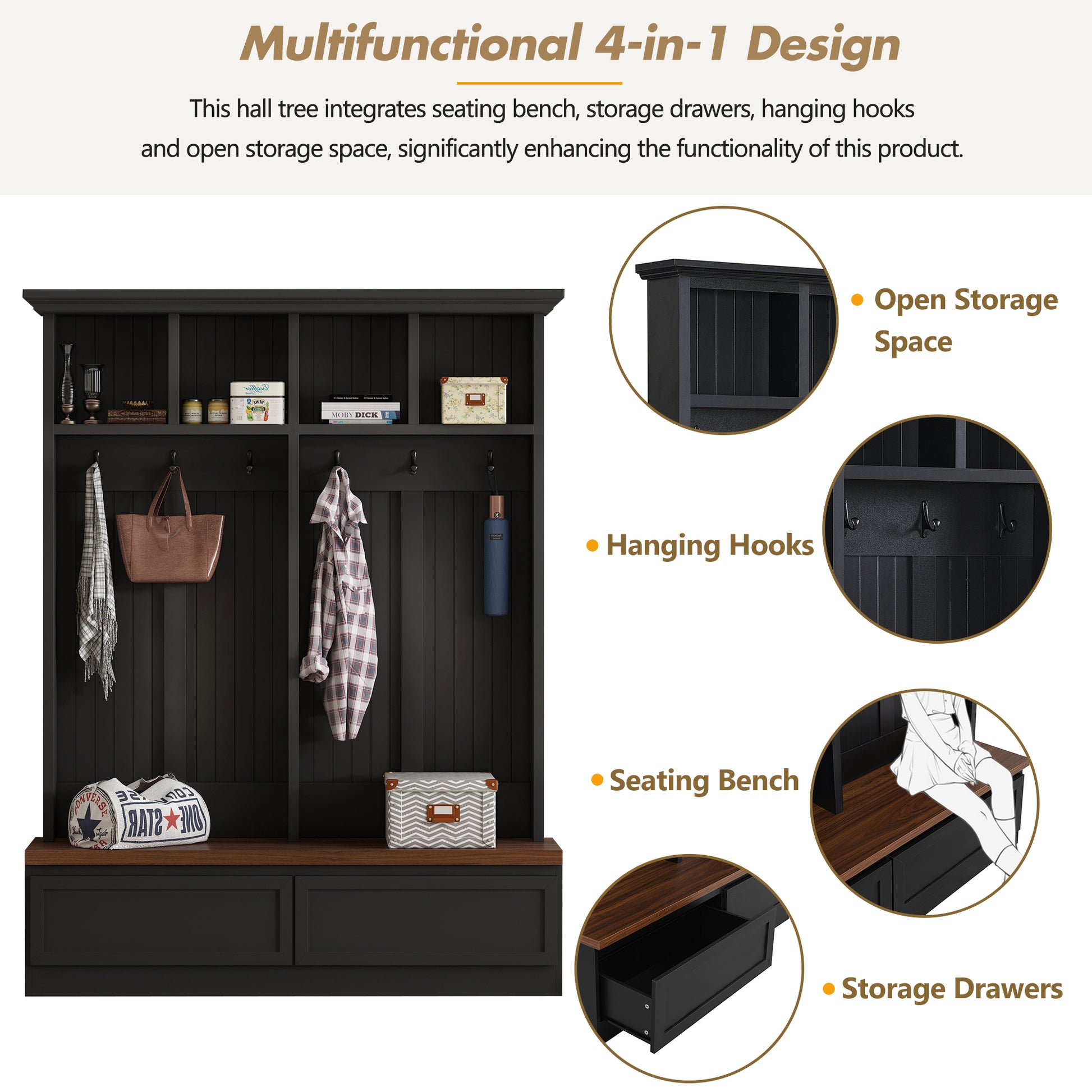 Farmhouse 4 In 1 Hall Tree With Wood Grain Bench, Mudroom Versatile Coat Rack With 2 Large Drawers, Large Entrance Organizer With 6 Black Hooks For Hallway, Living Room, Black, 55.9"Wx75.6"H Black