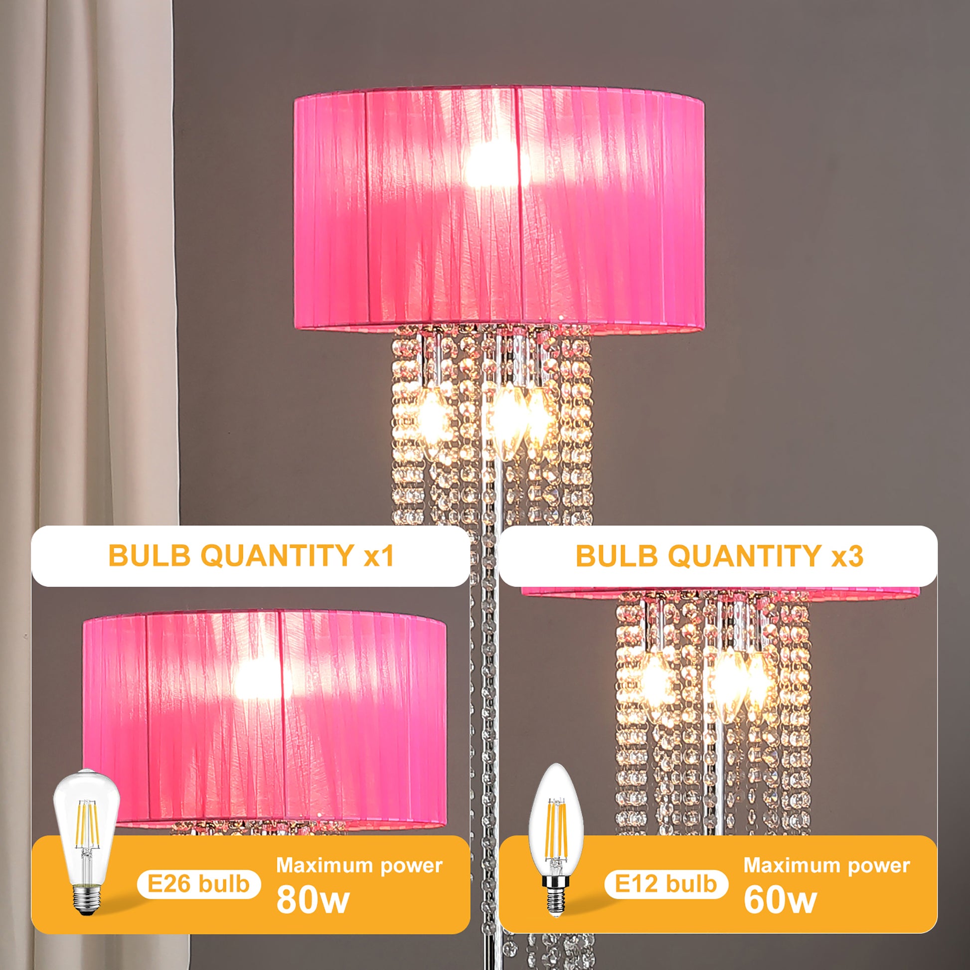 65.75"H Sheer Hot Pink Drum Shade Rain Crystal Chrome Metal Floor Lamp For Living Room, Standing Lamp For Bedroom Multicolor Metal