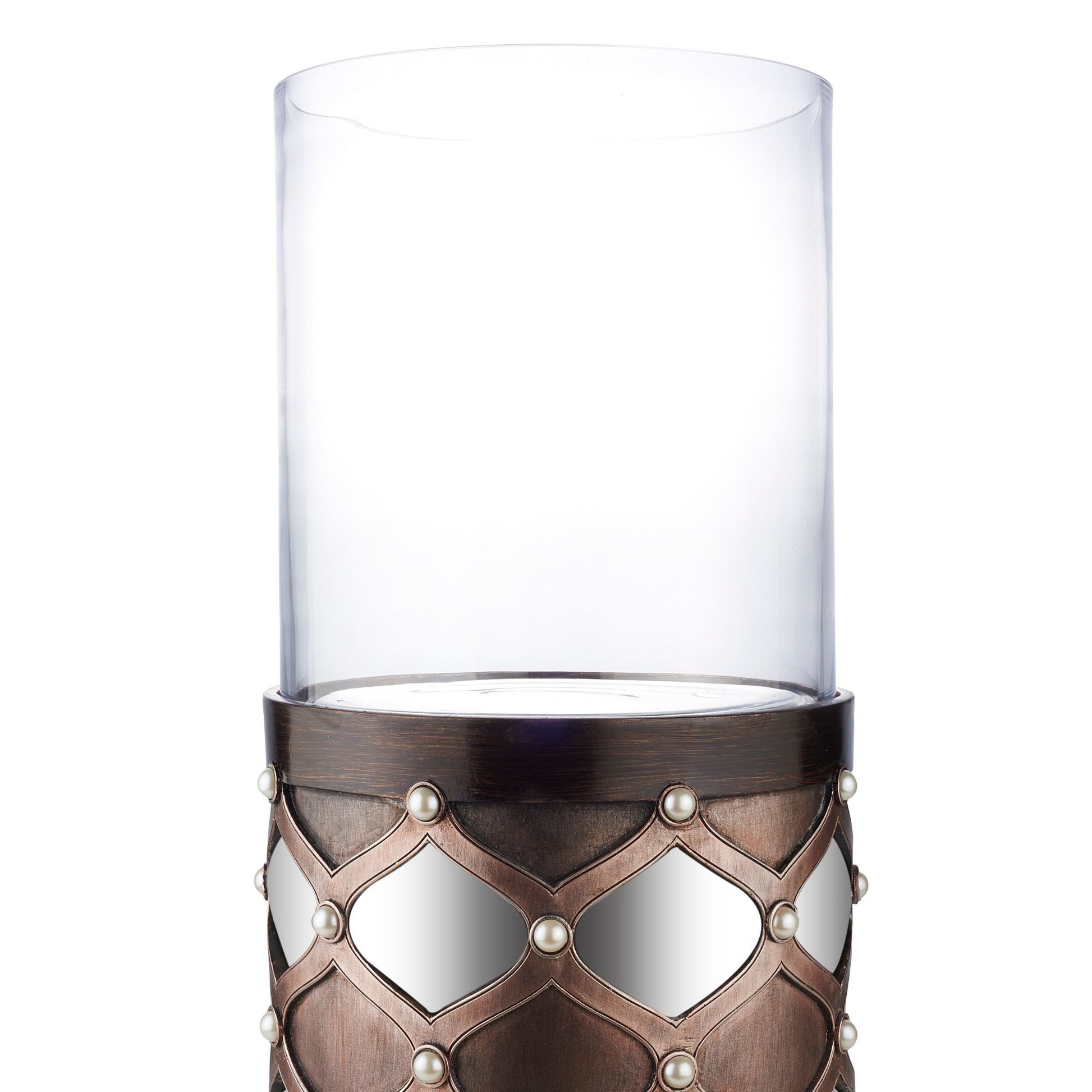 22" Tall Candleholder With Hurricane Glass, Arabesque Mirror Design Brown Polyresin