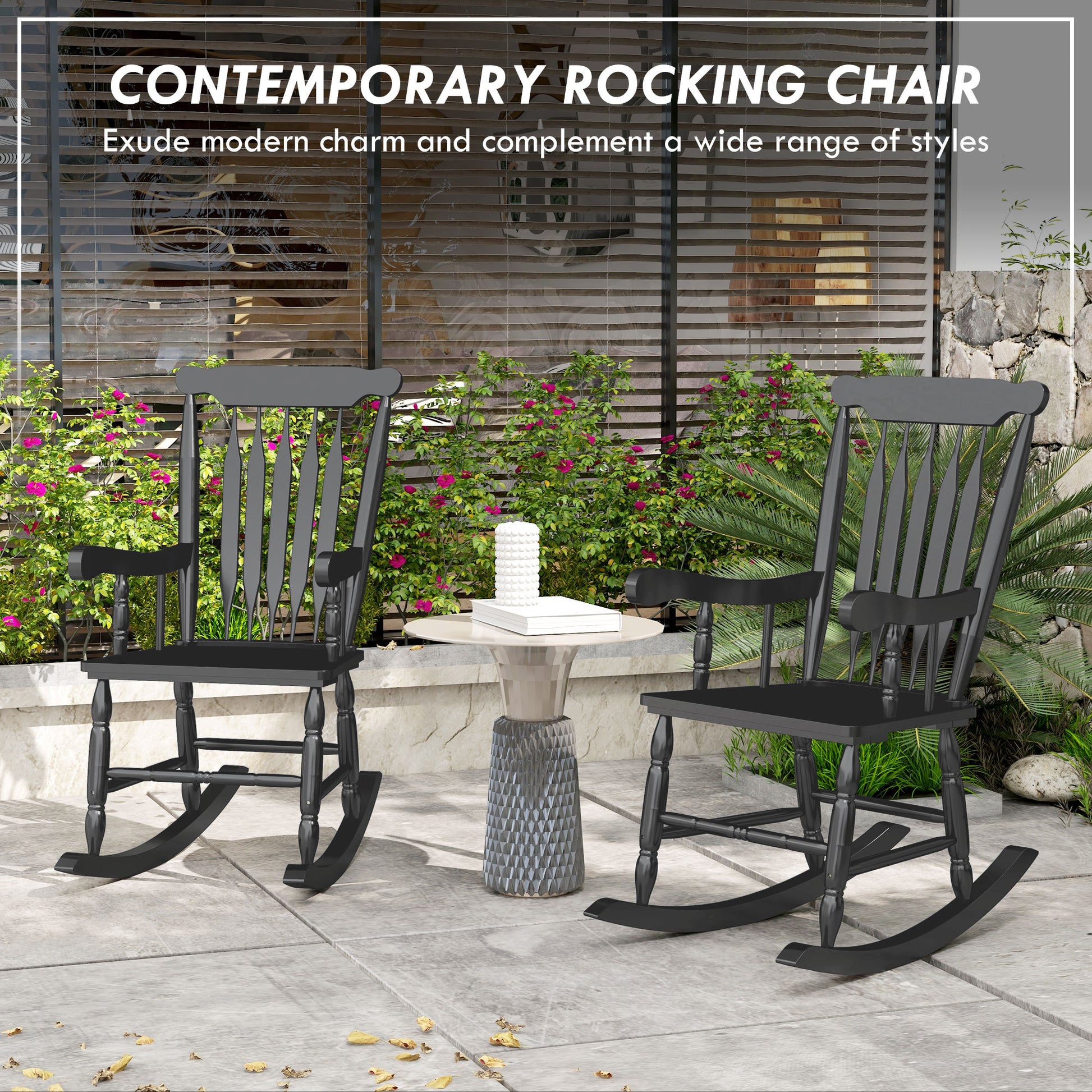 Outsunny Outdoor Wood Rocking Chairs Set Of 2, 350 Lbs. Porch Rockers With High Back For Garden, Patio, Balcony, Black Black Wood