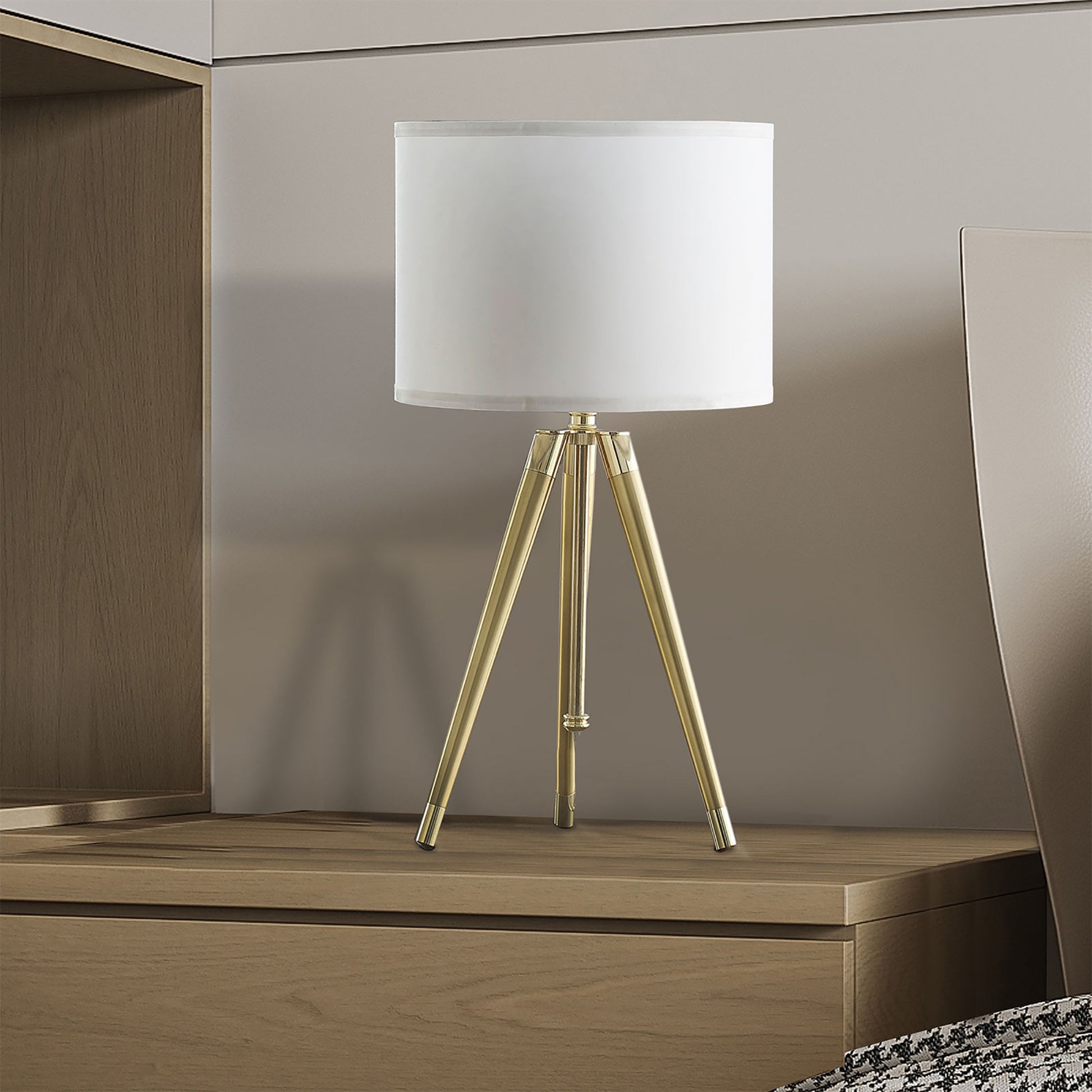 35.5" 25.75"H Adjustable Hieght Brass Shiny Gold Modern Tripod Table Lamp For Living Room, Nightstand Bedside Table Lamp For Bedroom, Led Lamp Gold White Fabric Metal