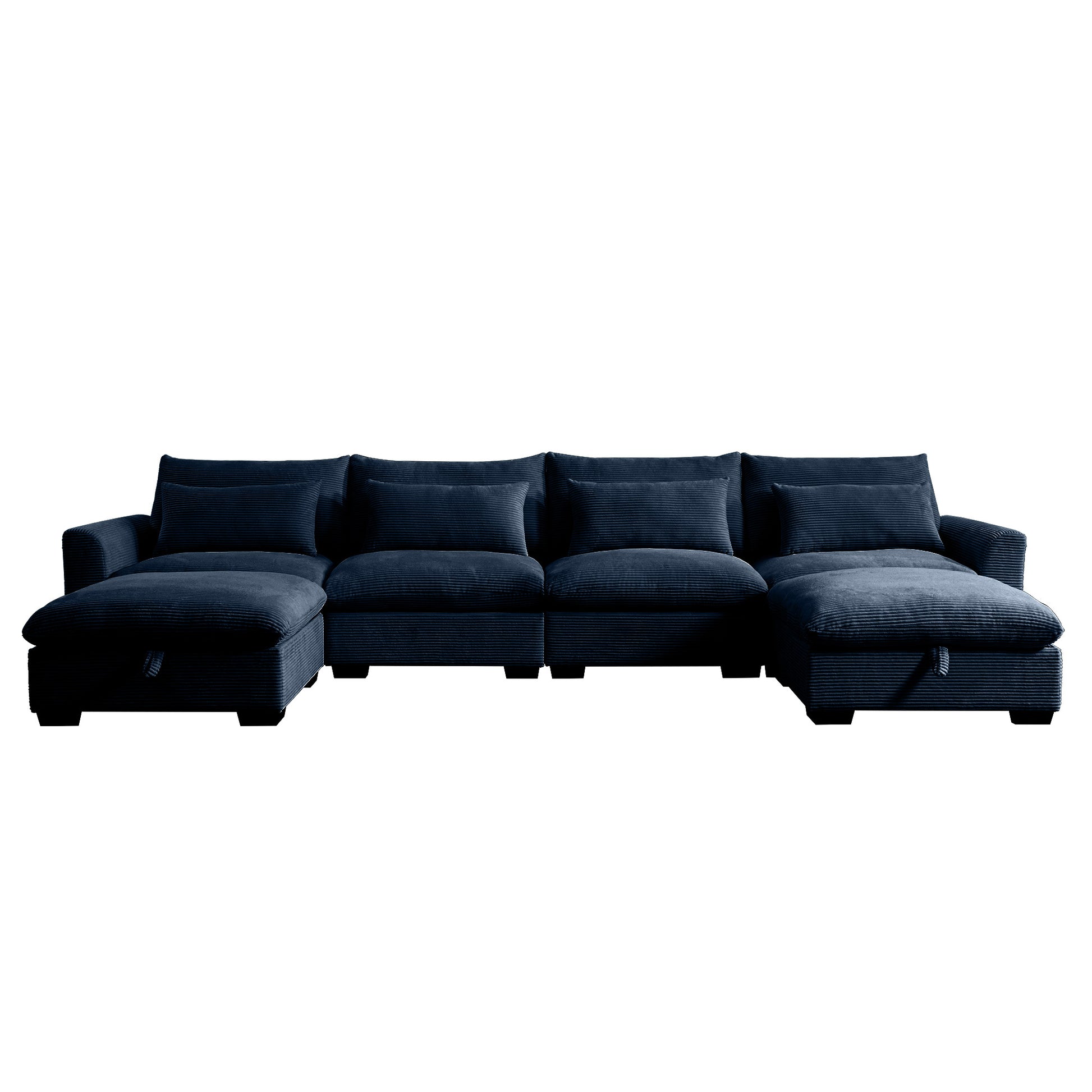 Big Deep Seat U Shaped Corduroy Sectional Couches For Living Room, 4 Seater Sofa Couch With 2 Storage Footstool And 4 Waist Pillows Corduroy, Blue Blue Corduroy 4 Seat