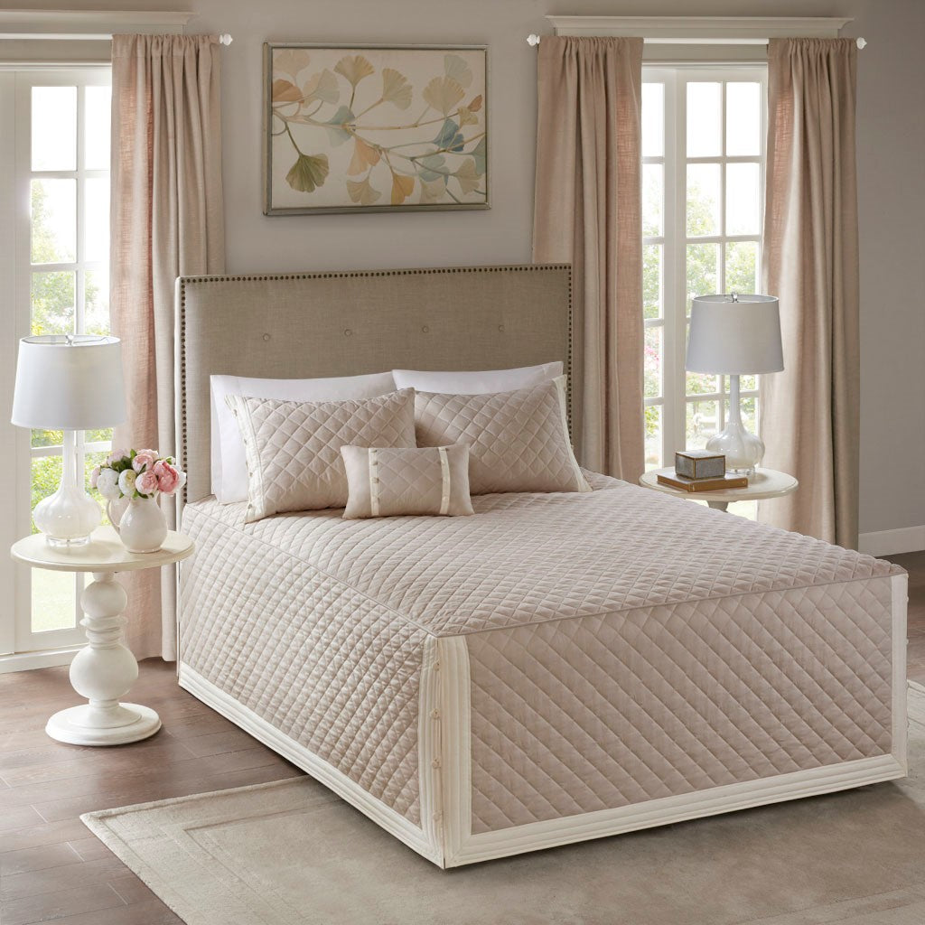 4 Piece Cotton Reversible Tailored Bedspread Set Khaki Queen Queen Khaki Cotton