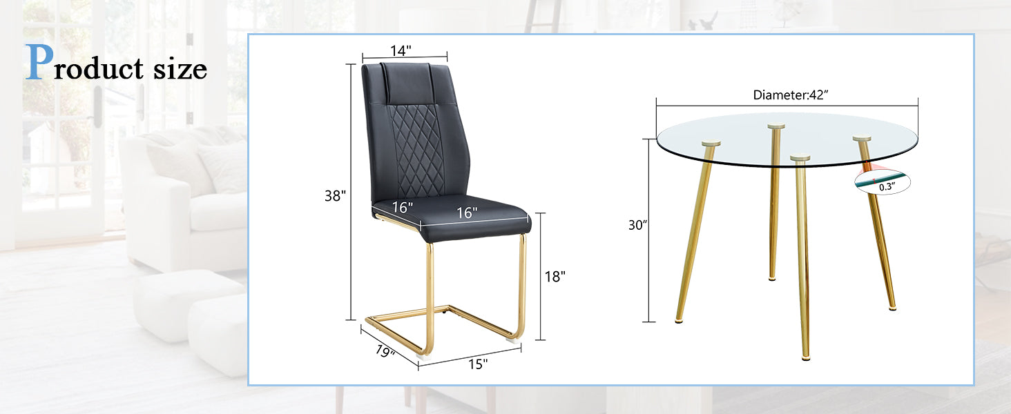 A Modern Minimalist Style Round Transparent Tempered Glass Table With Gold Metal Legs, Paired With 6 Modern Pu Leather High Back Dining Chairs ,Bring A Luxurious Experience. Black Seats 6 Glass Metal