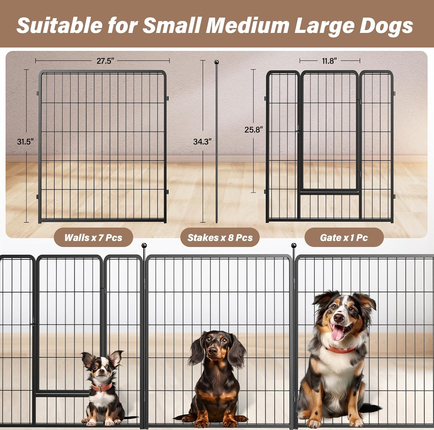 Dog Playpen Indoor, Puppy Playpen Indoor For Yard, Camping, 32" Height 8 Panels Heavy Duty Dog Pen For Small Medium Dogs, Black Black Metal