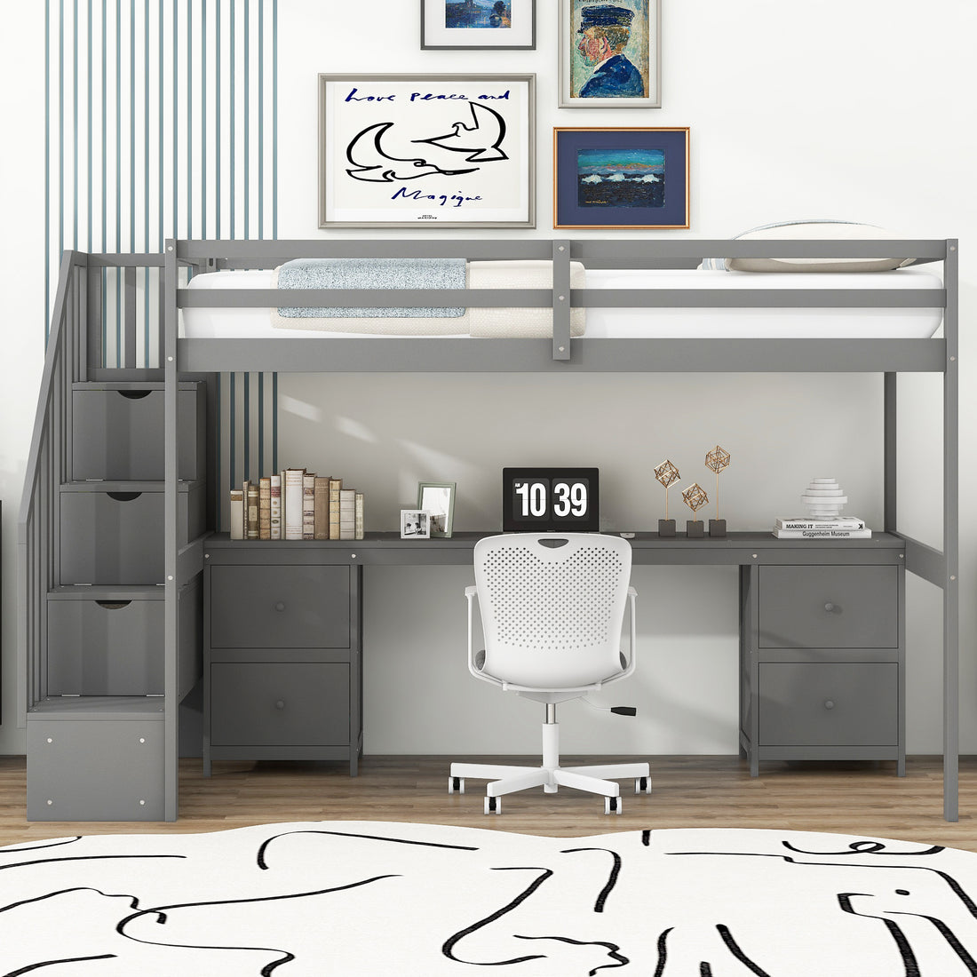 Twin Size Loft Bed Frame With Built In Desk And Double Storage Drawers,Gray Twin Gray Solid Wood Mdf