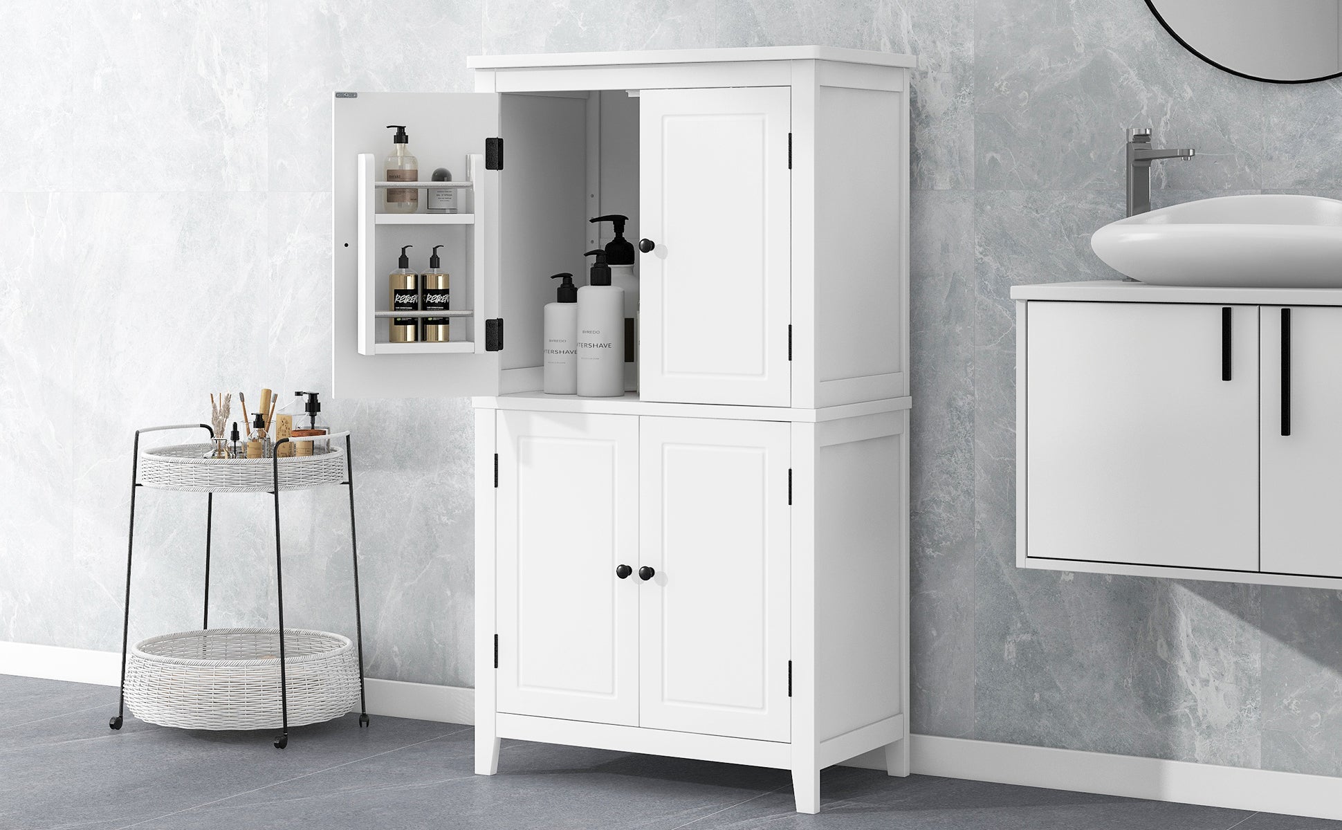 Elegant Bathroom Floor Storage Cabinet, Bathroom Storage Unit, Freestanding Cabinet With 4 Doors, Adjustable Shelves, Adaptable Shelves, White White Mdf