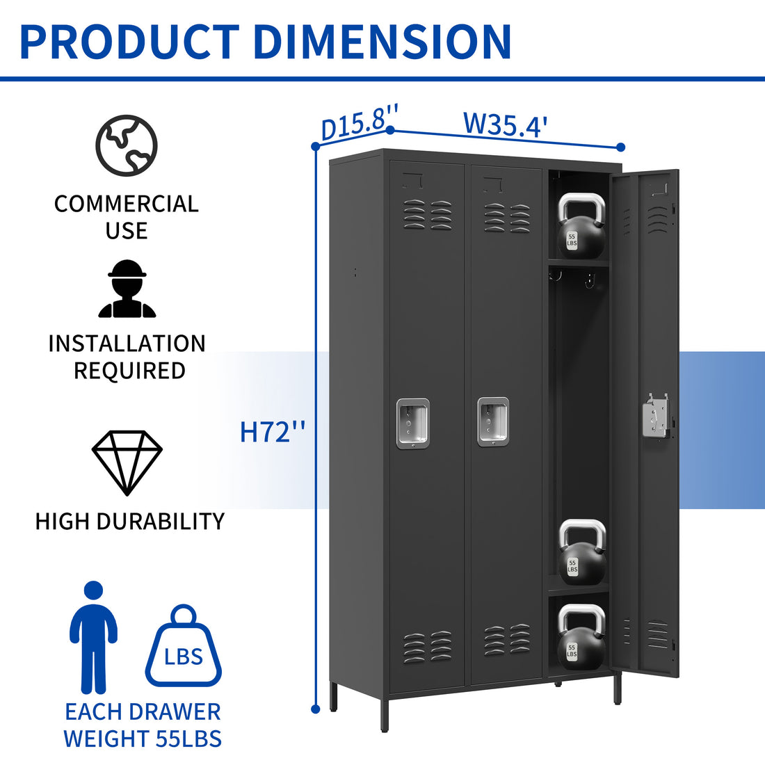 3 Door 72"H Metal Lockers With Lock For Employees,Storage Locker Cabinet For Home Gym Office School Garage,Black Freestanding 5 Or More Spaces Black Gym Door Locks Modern Metal Metal