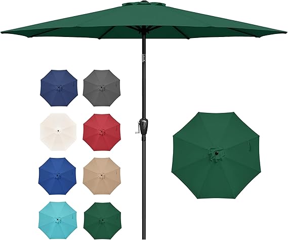 Outdoor Market Table Patio Umbrella With Button Tilt, Crank And 8 Sturdy Ribs For Garden, Deck, Lawn, Backyard & Pool Green Stainless Steel