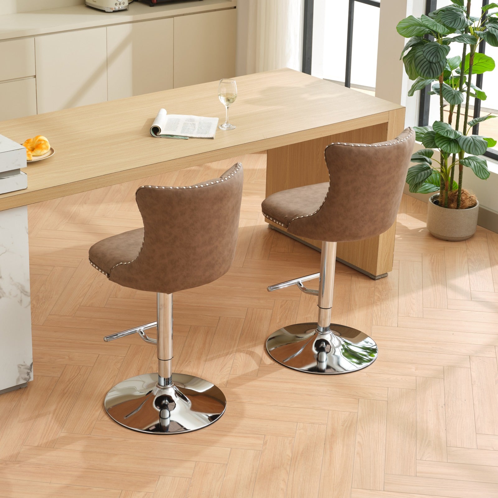 Swivel Pu Leather Barstools Adjusatble Seat Height From 25 33 Inch, Chrome Base Bar Stools With Backs Comfortable Tufted For Home Pub And Kitchen Island, Beige,Set Of 2,1512Br Brown Dining Room American Design Bar Stools Wing Back Set Of 2 Foam Pu