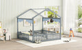 Double Twin House Style Floor Bed With Fence, Guardrails, Without Door, Grey Twin Grey American Design Pine