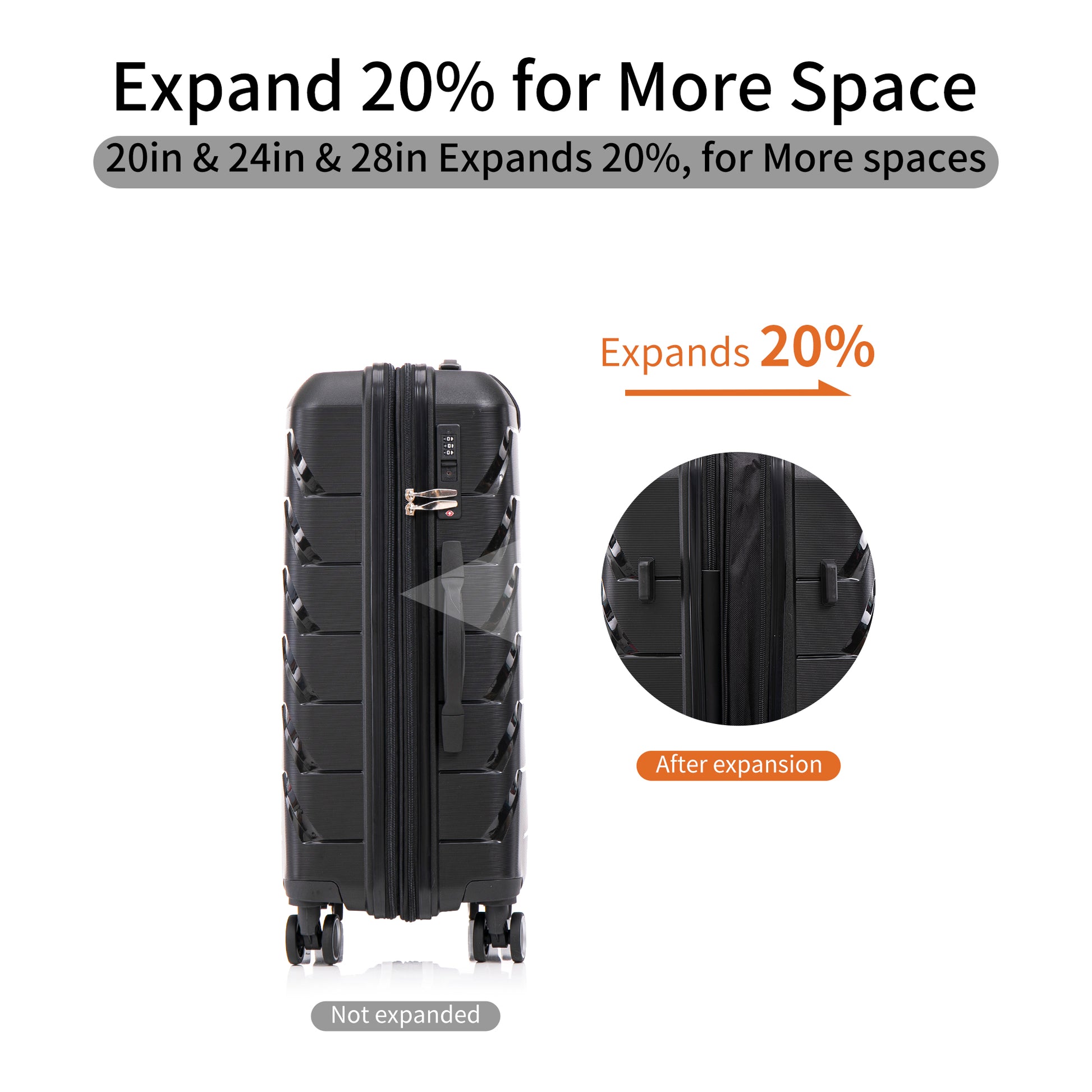 Pp Luggage Sets 3 Piece 20 24 28 , Expandable Carry On Luggage With Tsa Lock Airline Approved, Pp Materials Hard Shell And Lightweight Suitcase With Spinner Wheels Black Black Polypropylene