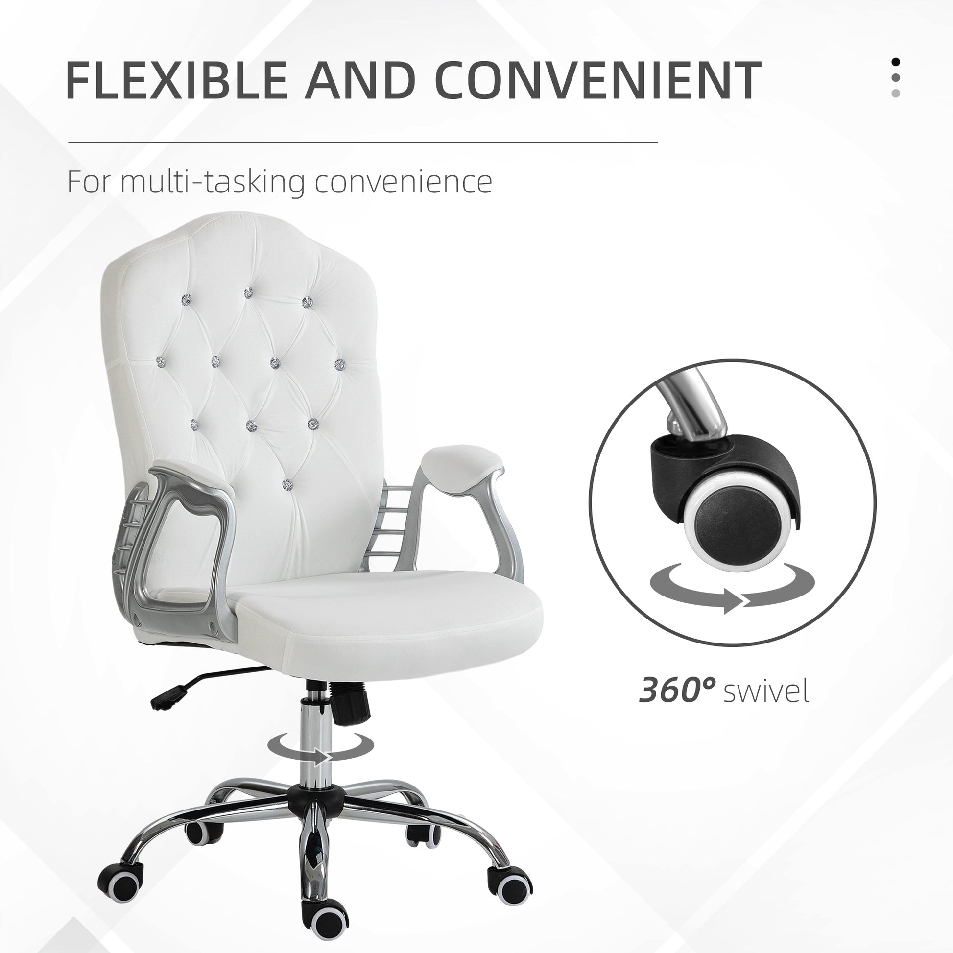 Vinsetto Home Office Chair, Velvet Computer Chair, Button Tufted Desk Chair With Swivel Wheels, Adjustable Height, And Tilt Function, White White Polyester