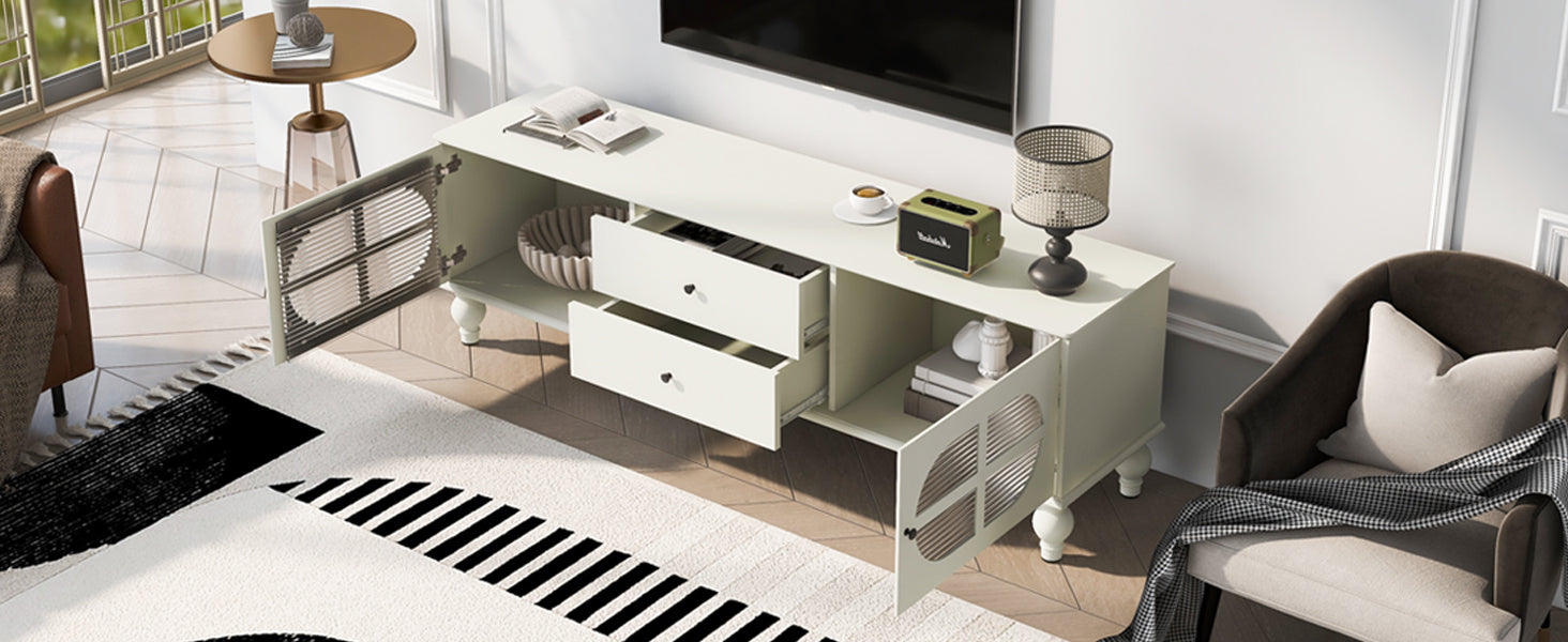 68.9'' Modern Tv Stand For Tvs Up To 75 Inches, Entertainment Center Media Console With Fluted Glass Doors, Five Solid Wood Legs For Living Room Antique White 70 79 Inches Mdf