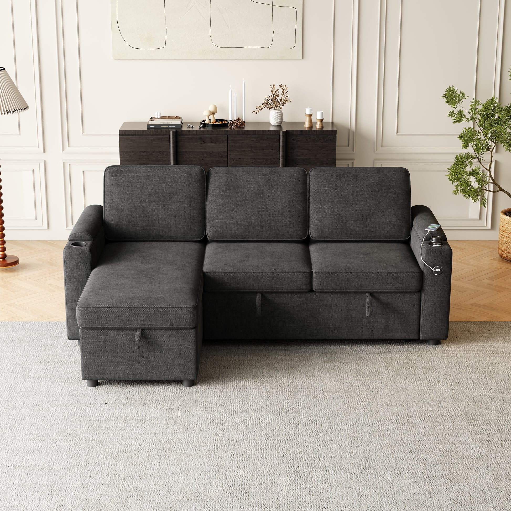 Mh85.8" Sleeper Sofa, Sofa Bed 2 In 1 Pull Out Sofa Bed With Storage Sofa, Sofa Sleeper With Pull Out Bed With Charging Port Black Polyester Primary Living Space Eucalyptus Polyester Fabric 3 Seat