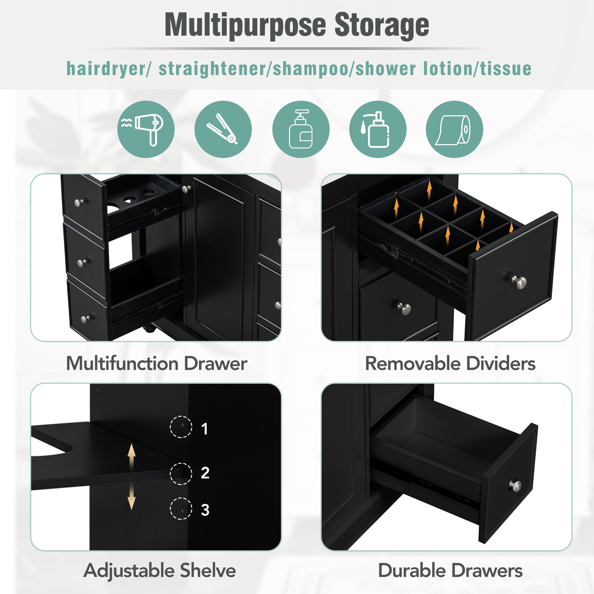 Contemporary Black Bathroom Vanity Cabinet 36X18X34 Inches, 4 Drawers & 1 Cabinet Door, Multipurpose Storage, Resin Integrated Sink, Adjustable Shelves, Solid Wood Frame With Mdf Black Bathroom