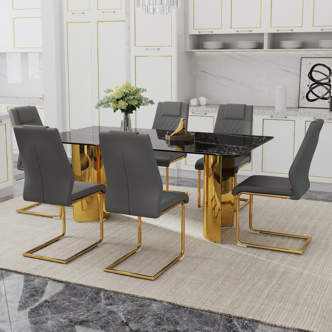 Table And Chair Set.The Table Has A Glass Tabletop With Imitation Marble Pattern Stickers And Stainless Steel Golden Table Legs. Paried With Comfortable Chairs With Pu Seats And Metal Legs. Gold Black Seats 6 Glass Metal