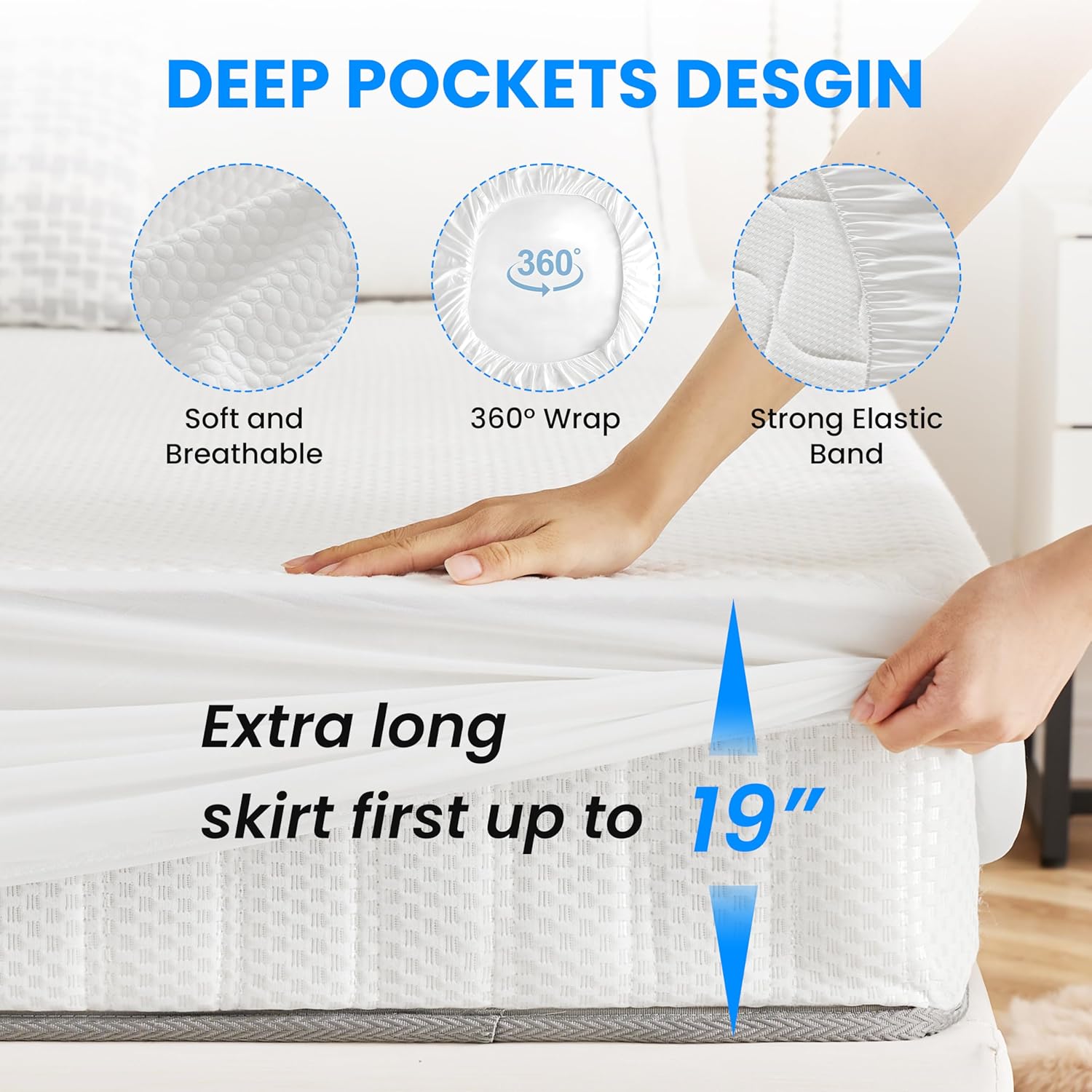 100% Waterproof Bamboo Mattress Protector King Size Bed,Soft 3D Air Fabric Mattress Pad Cover, Machine Washable Fitted Style With Stretchable Pockets Up To 19'' White Bamboo King