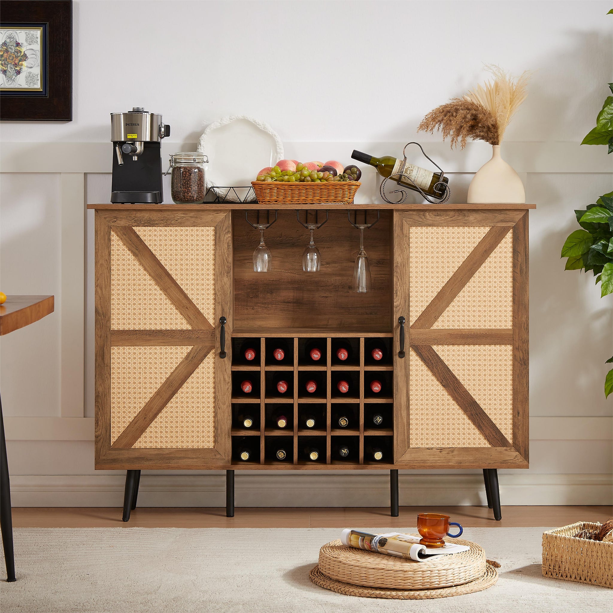 Oak Color Faux Rattan Barn Door Wine Cabinet With Wine Rack And Wine Glass Rack, Double Door Design With Removable Shelves, Rustic Wood Storage Cabinet Oak Particle Board Mdf