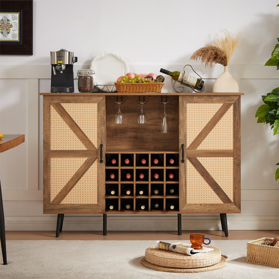 Oak Color Faux Rattan Barn Door Wine Cabinet With Wine Rack And Wine Glass Rack, Double Door Design With Removable Shelves, Rustic Wood Storage Cabinet Oak Particle Board Mdf