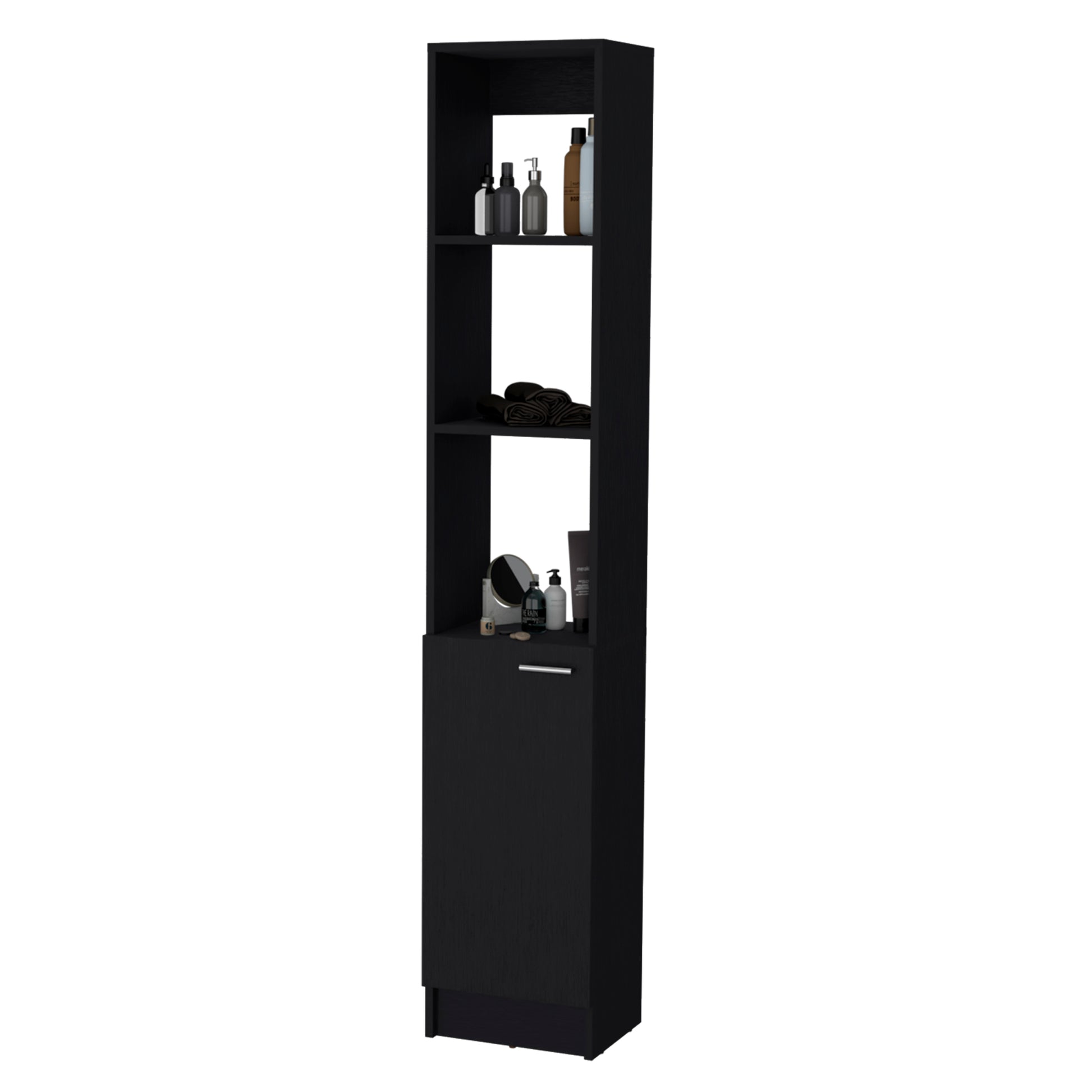 Brenda Linen Cabinet With 1 Door, 3 Open Shelves Black 1 5 60 In & Above Bathroom 10 15 Inches Particle Board Engineered Wood