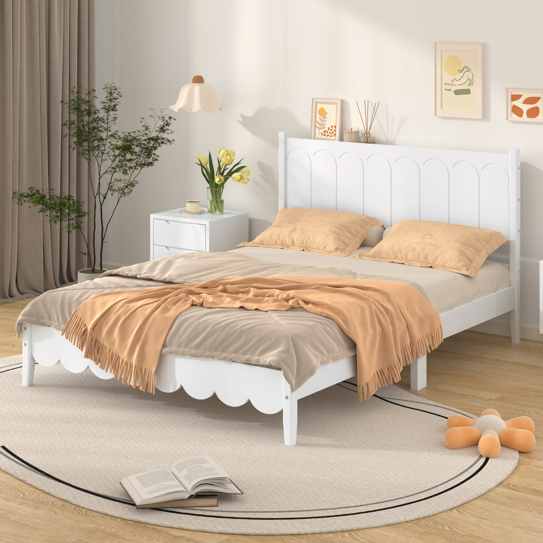 Full Size Wood Platform Bed Frame, Retro Style Bed With Rectangular Headboard,No Need Box Spring,White Full White Wood